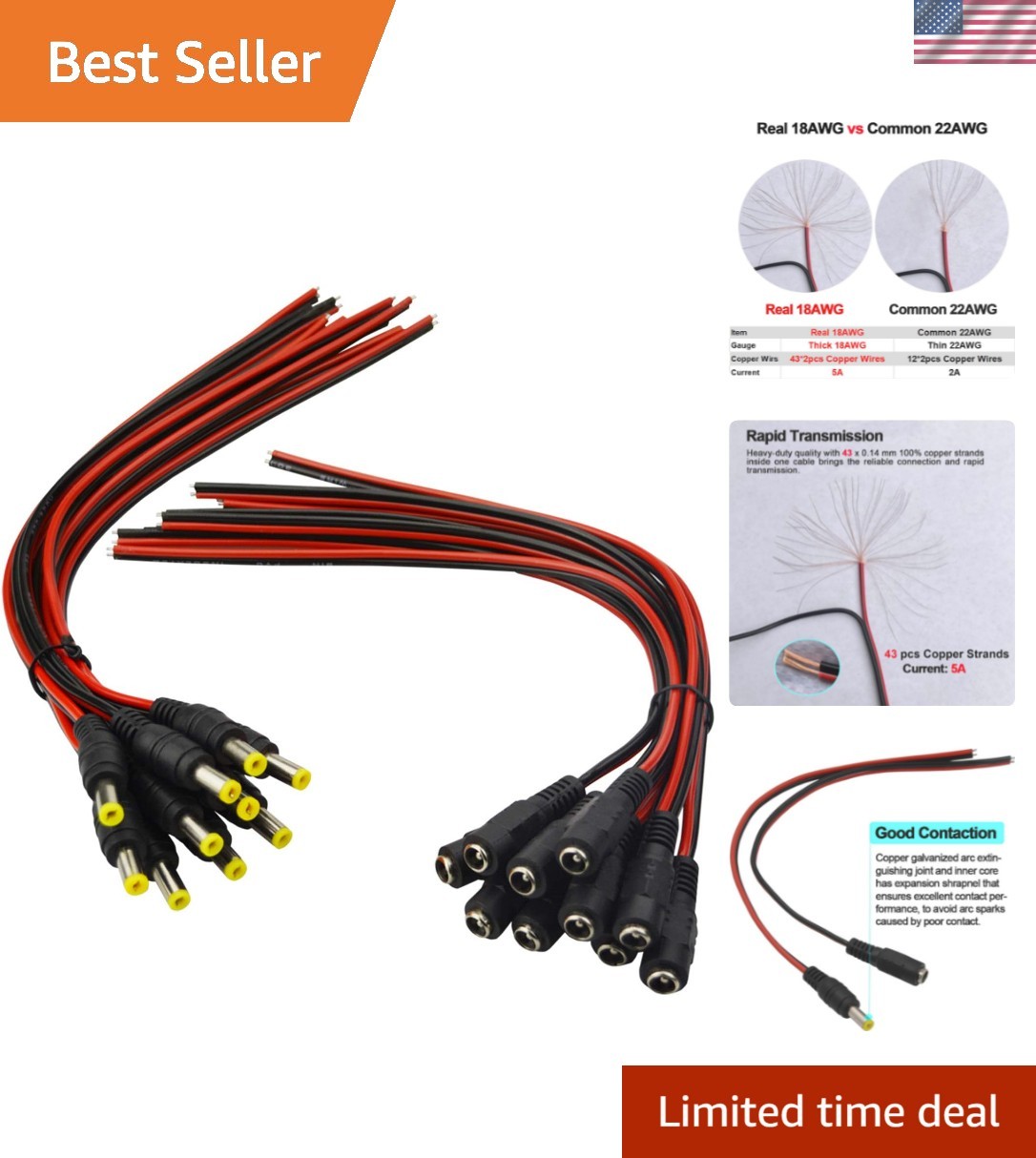 10 Pairs 12V 5A Real 18AWG DC Power Connector - Easy Soldering Solution