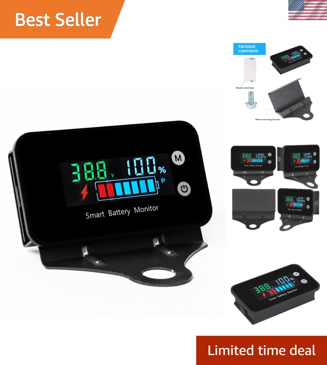 Compact Waterproof Battery Monitor with Temperature Alarm for 7-100V Batteries