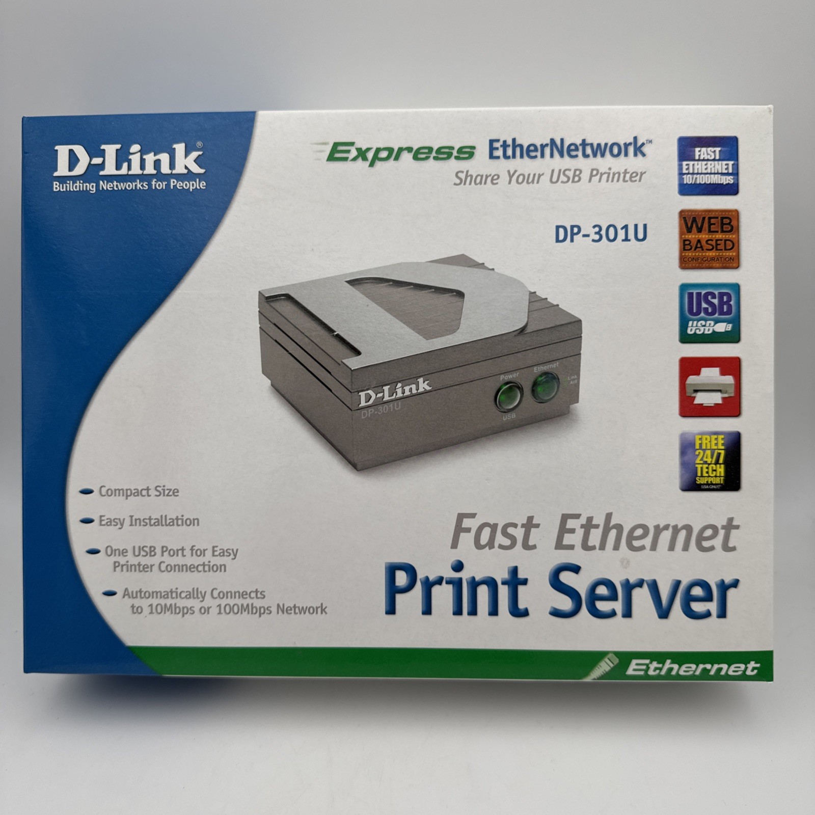 NIB D-Link DP-301U USB Fast Ethernet Print Server with Power Adapter & Software