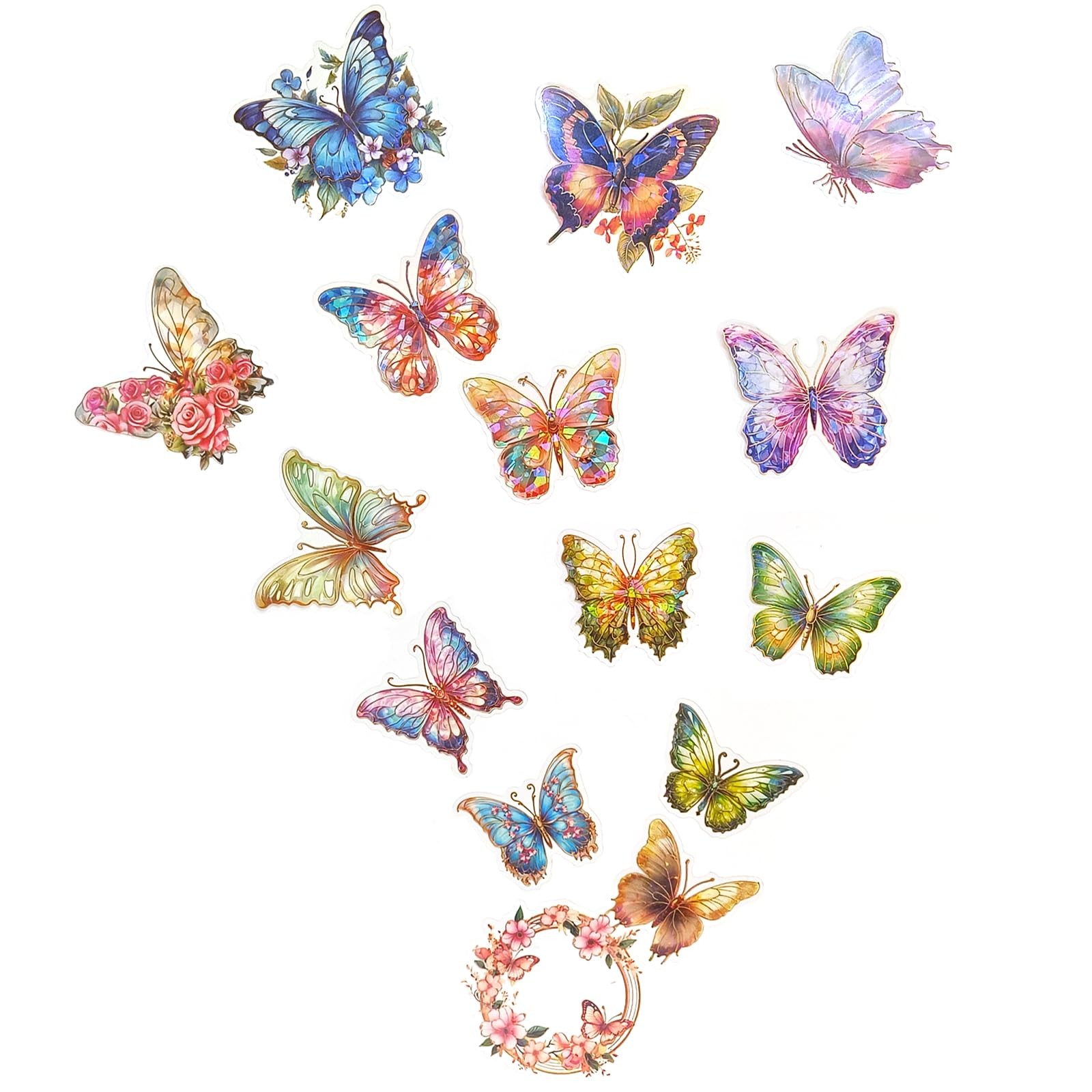 Ychsring Sparkly Floral Butterfly Stickers - 30 Pcs Clear PET Colorful