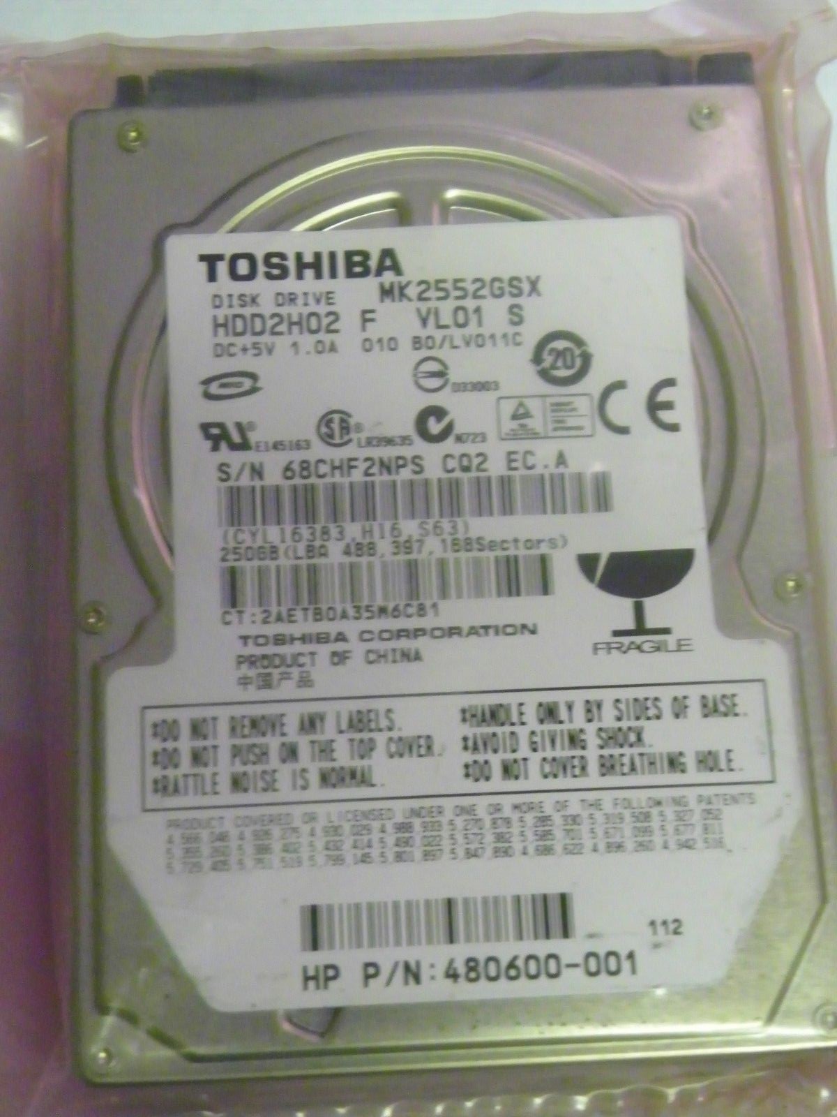 Toshiba MK2552GSX (HDD2H02 F VL01 S) 010 B0/LV011C Laptop 250GB 2.5" SATA HDD