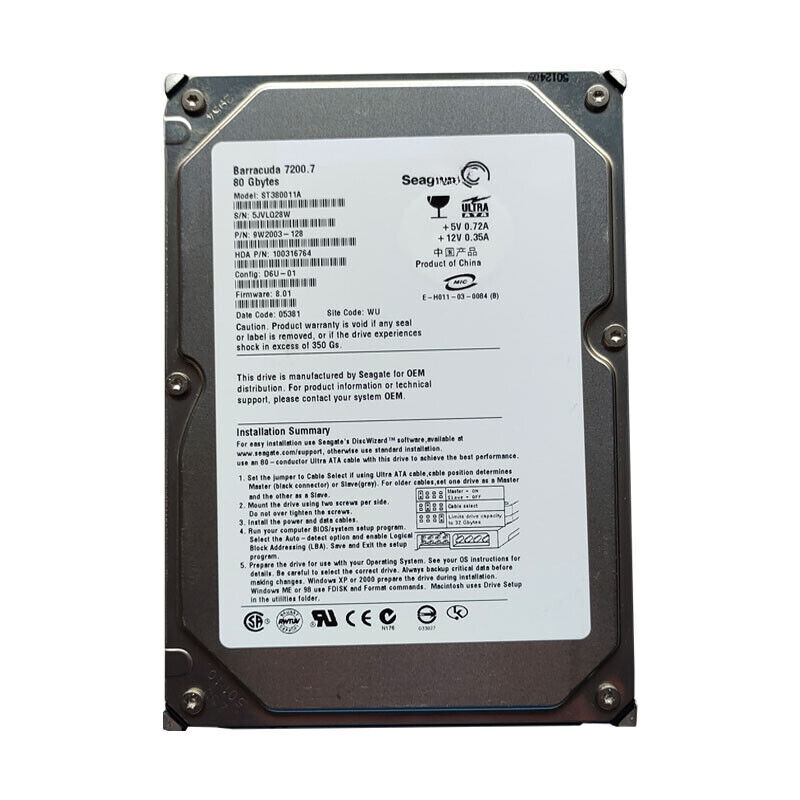 Compatible Seagate 80GB ST380011A 7200RPM PATA IDE 3.5" Internal HDD Hard Drive