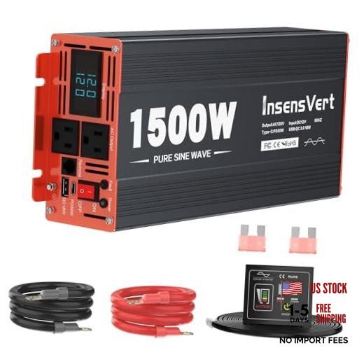 1500 Watt Pure Sine Wave Power Inverter DC 12V to 120V AC, with 2 1500W-12V