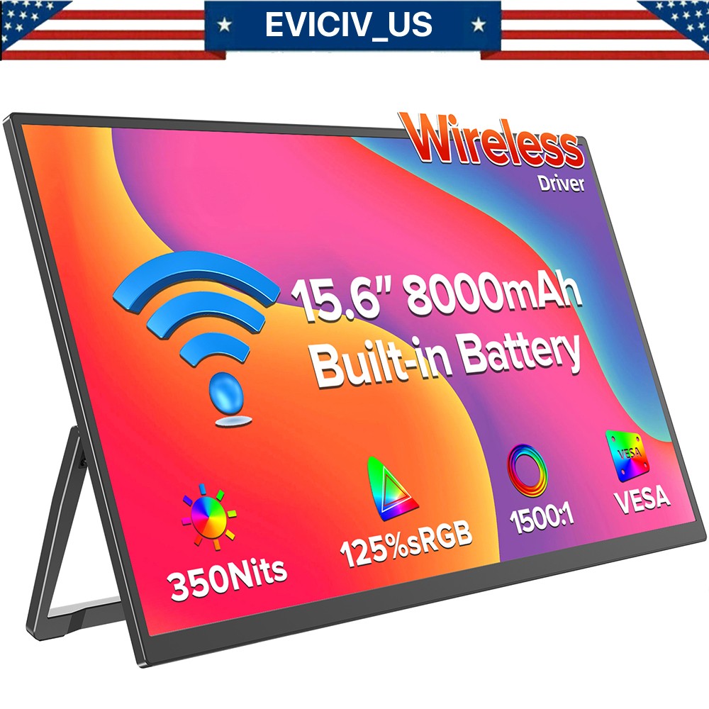 EVICIV Wireless Portable Monitor with 8000mAh Battery, 15.6" Wireless Monitor, B