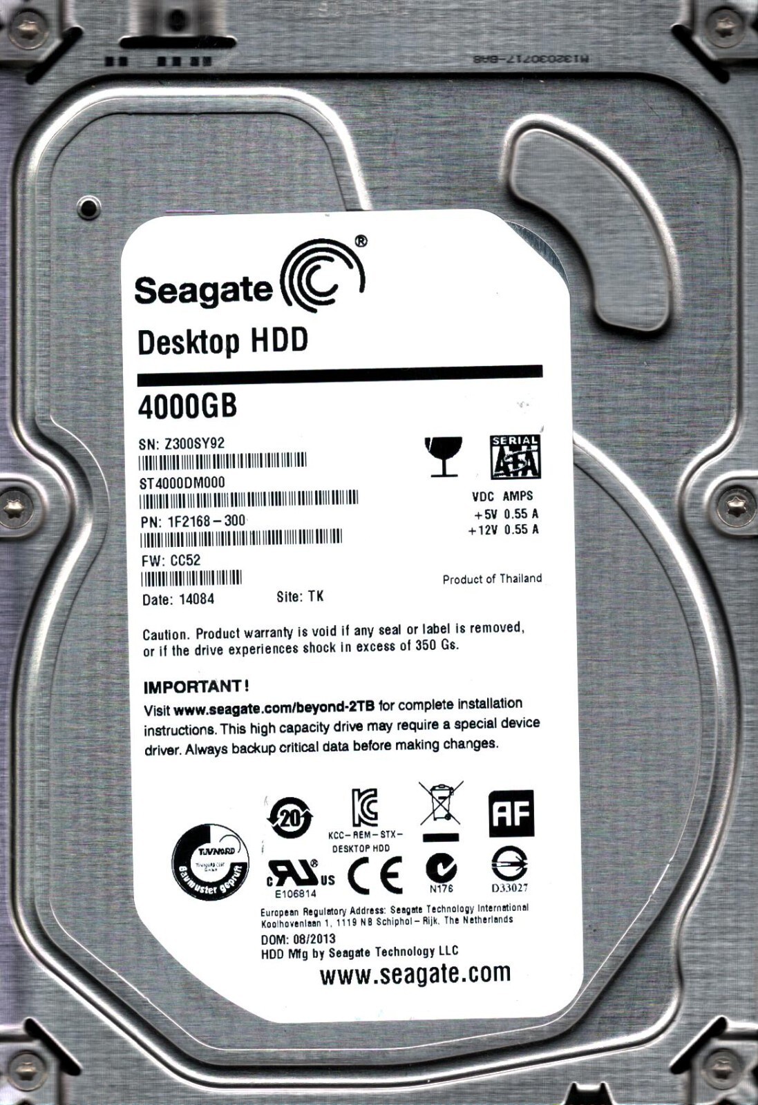 ST4000DM000 P/N: 1F2168-300 F/W: CC52 S/N: Z300 TK 4TB AUG 2013 THAILAND SEAGATE
