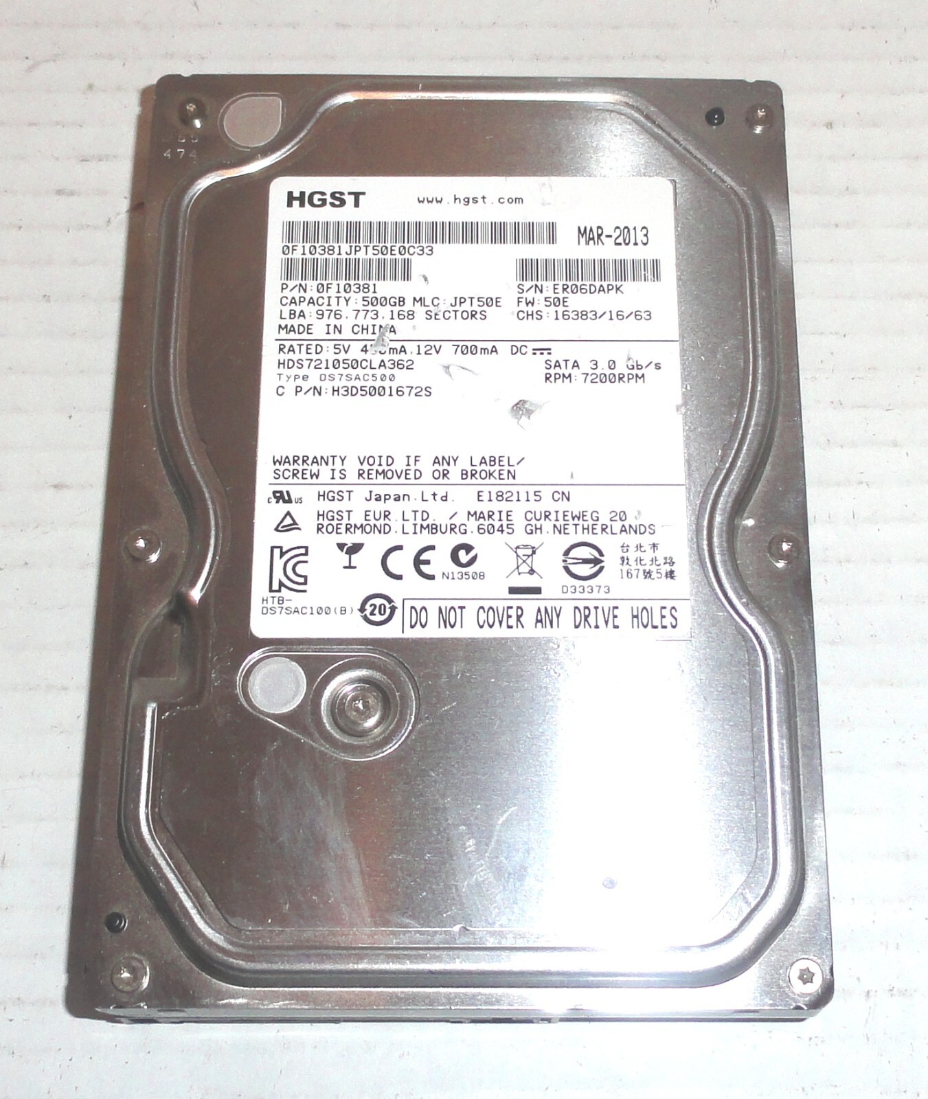 Hitachi HDS721050CLA362 500GB Sata Hard Drive P/N: 0F10381 MLC: JPT50E FOR PARTS