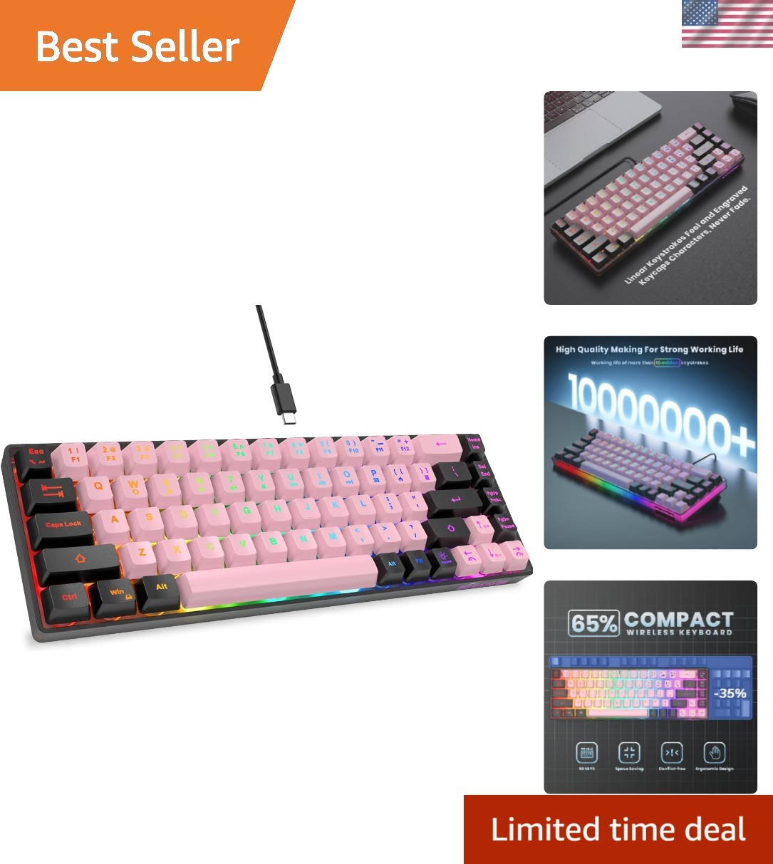 Stylish 68-Key Backlit Gaming Keyboard - Pink-Black, Type-C Wired Connection