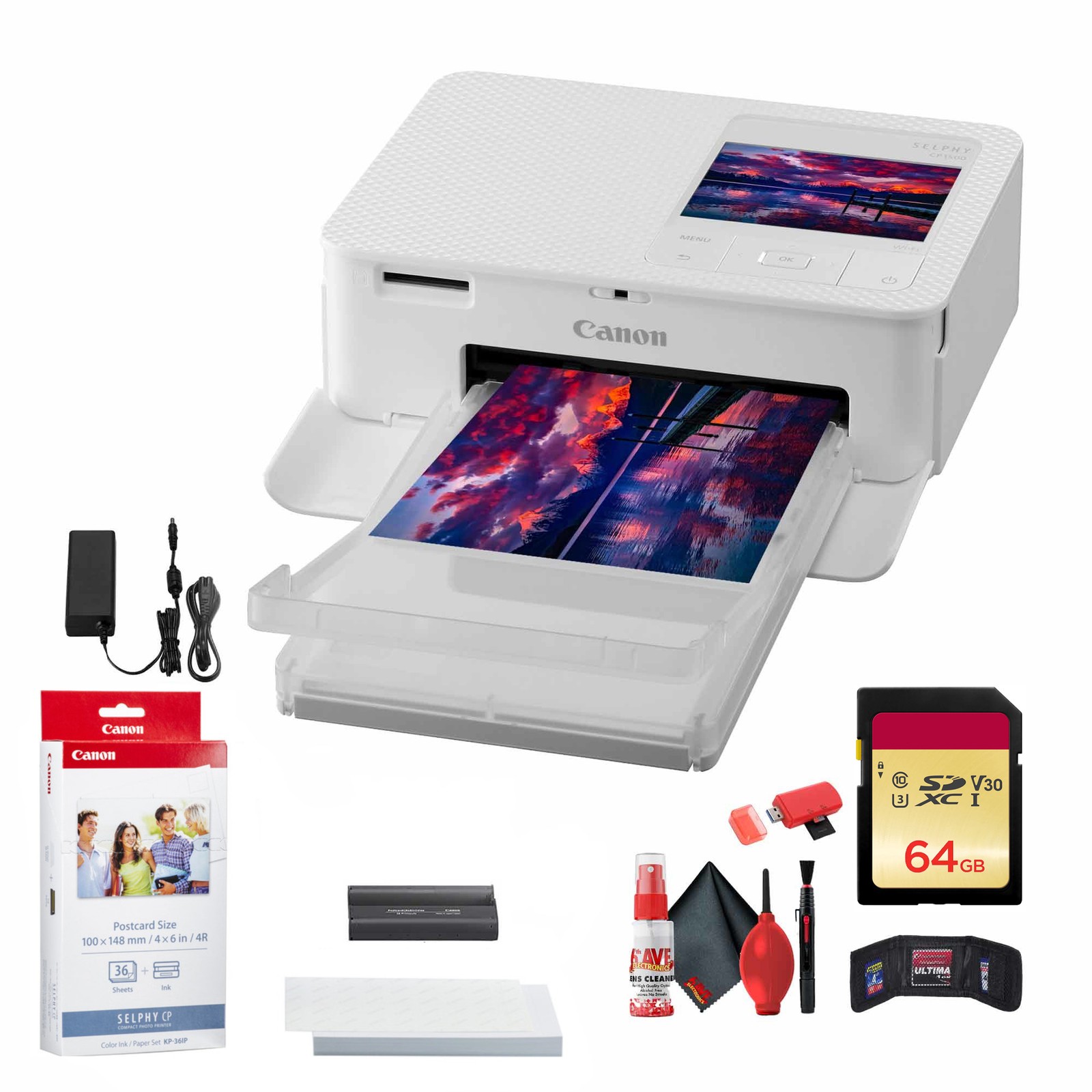 Canon SELPHY CP1500 Photo Printer White KP-36IP Ink Paper Bundle