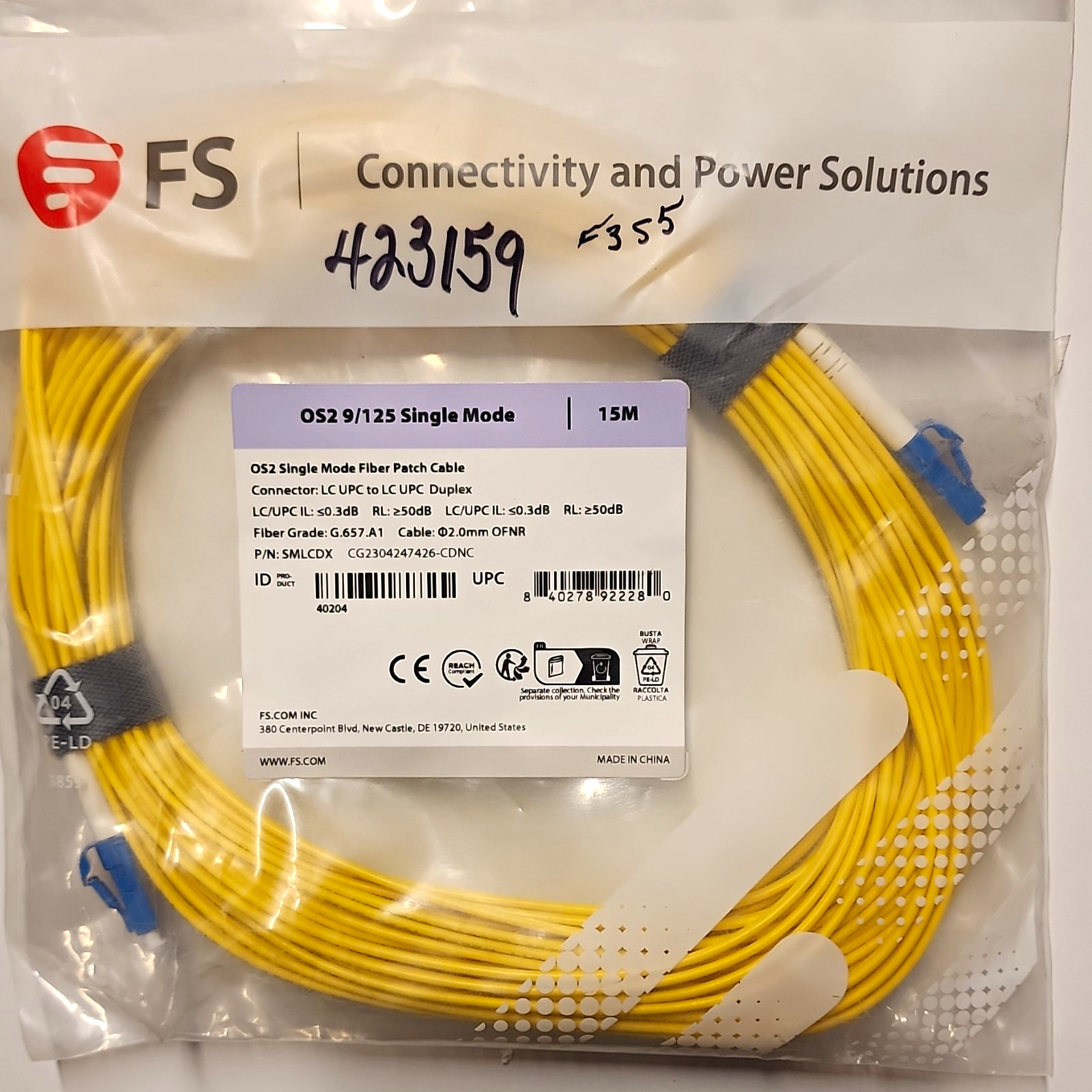 FS OS2 9/125 Single-Mode Duplex Fiber Patch Cable LC/UPC-LC/UPC 15M Yellow