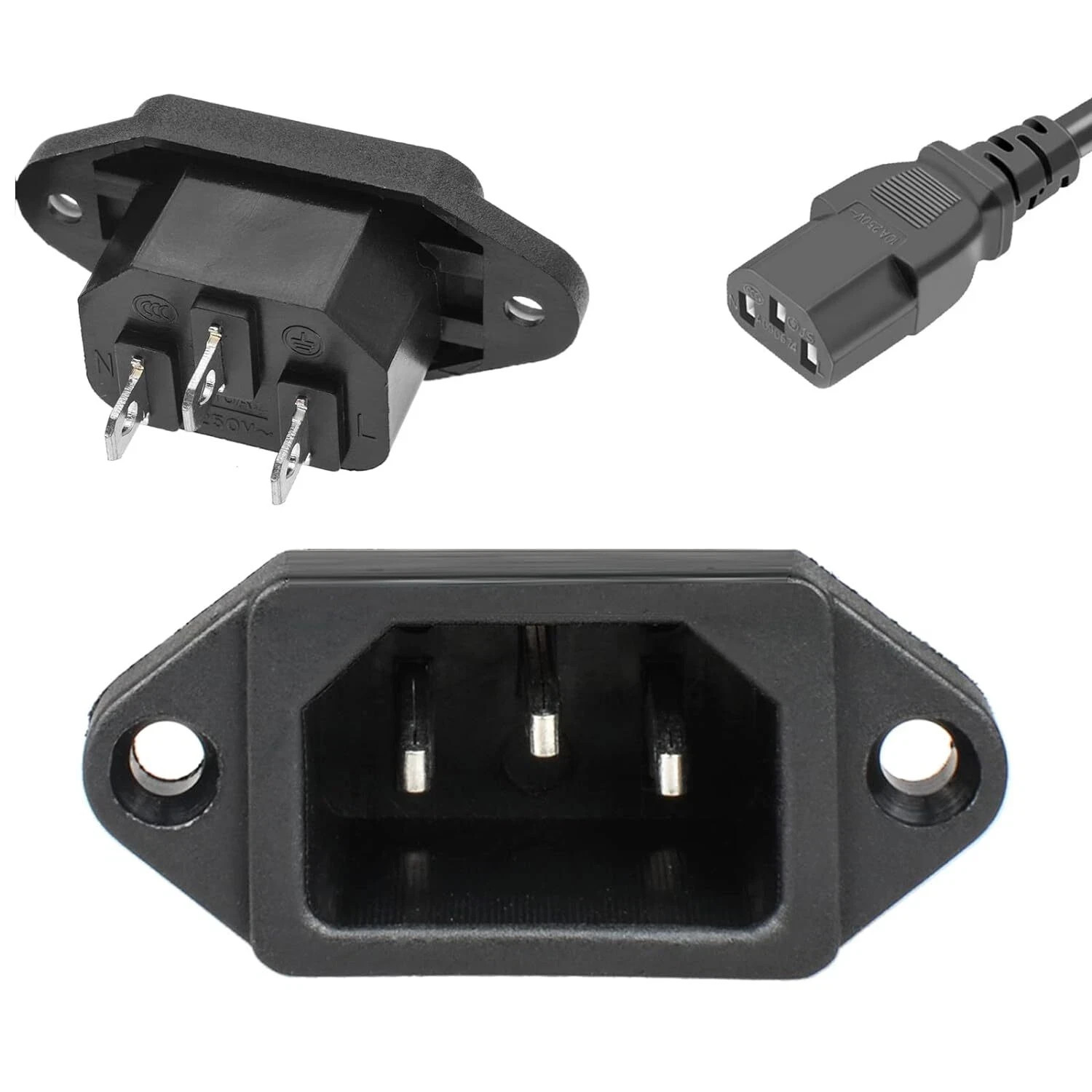 3 Pack Screw Mount 3 Pins Inlet Power Plug Socket Iec320 C14 Ac 250V 10A