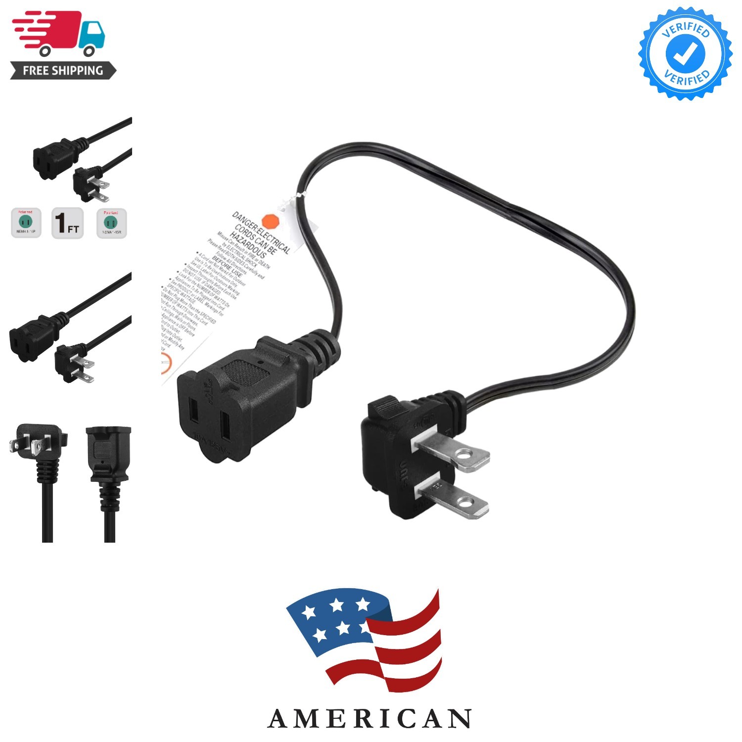 Short Extension Power Cable, Right Angled Polarized  2-Prong Male-Female | An...