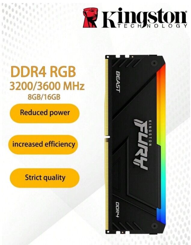 Kingston FURY Beast Black DDR4  3600MHz CL16 Memory RGB 16GB (1 x 16GB) NEW