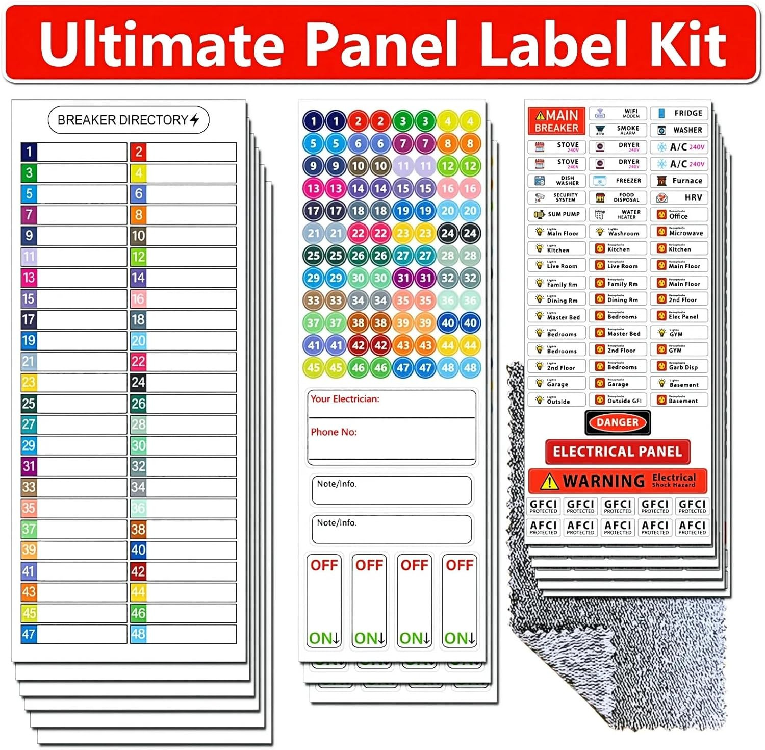 Ultimate 48 Circuit Electrical Panel Labels Kit with Cleaning Cloth, Waterproof