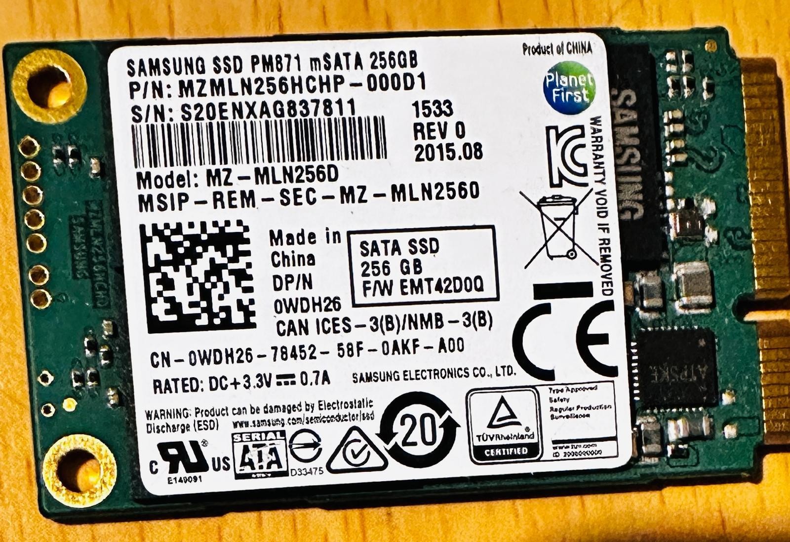 Samsung PM871 256GB mSATA SSD + Dell Latitude E7450 Caddy FCN4M