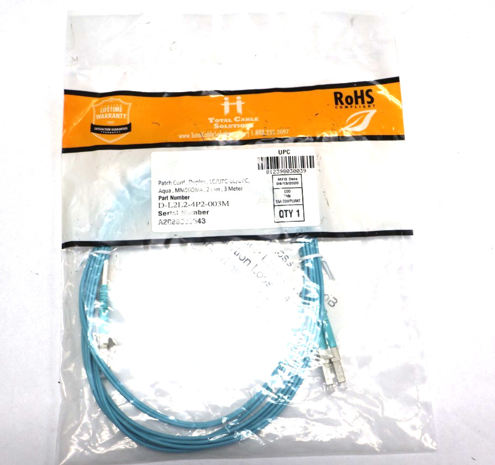 Total Cable Solutions D-L2L2-4P2-003M LC-LC Duplex Fiber Optic Patch Cable 3M