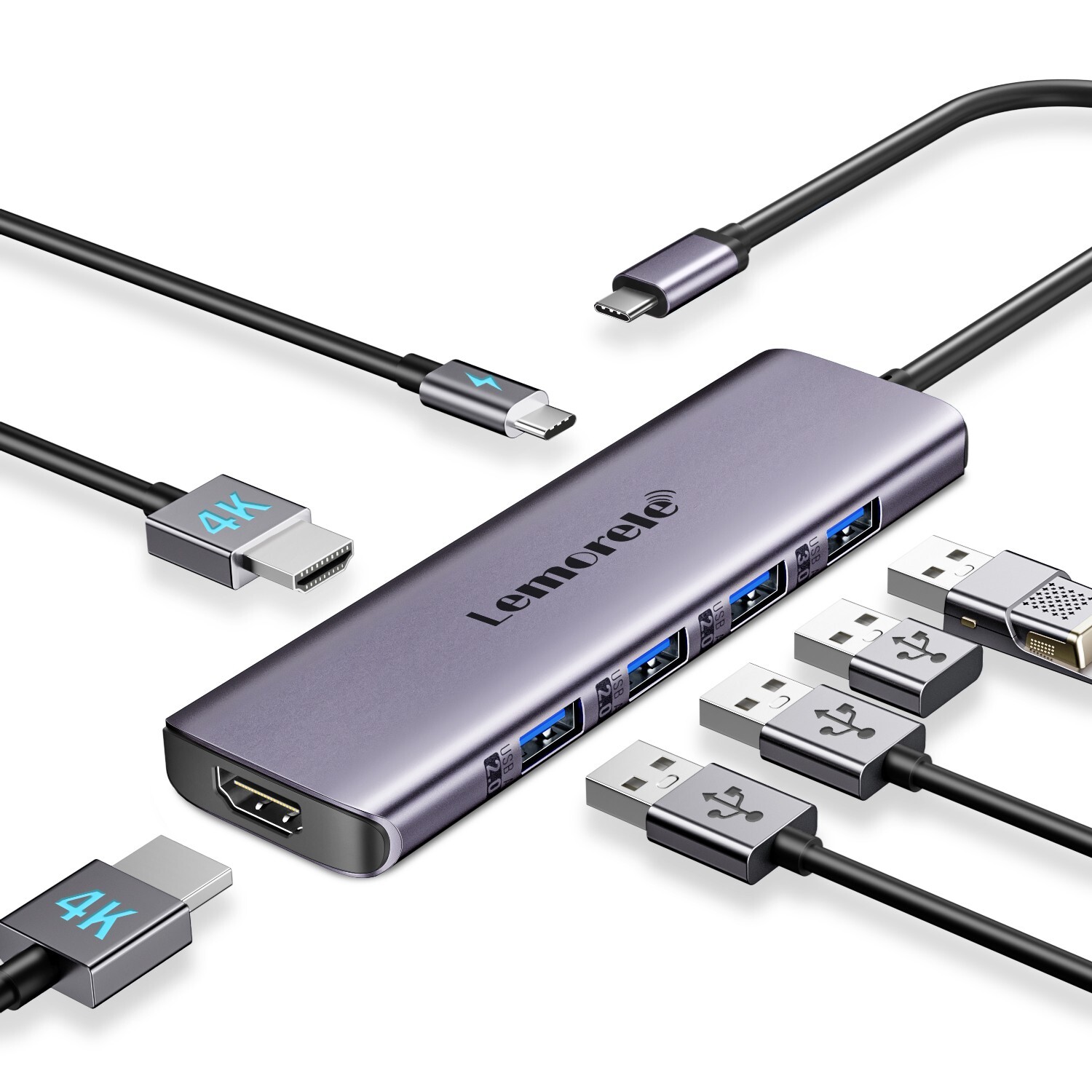 Lemorele Adaptador Hub Usb-c 7 En 1 3.0 4k Hdmi, Type-c 100w，Suitable for laptop