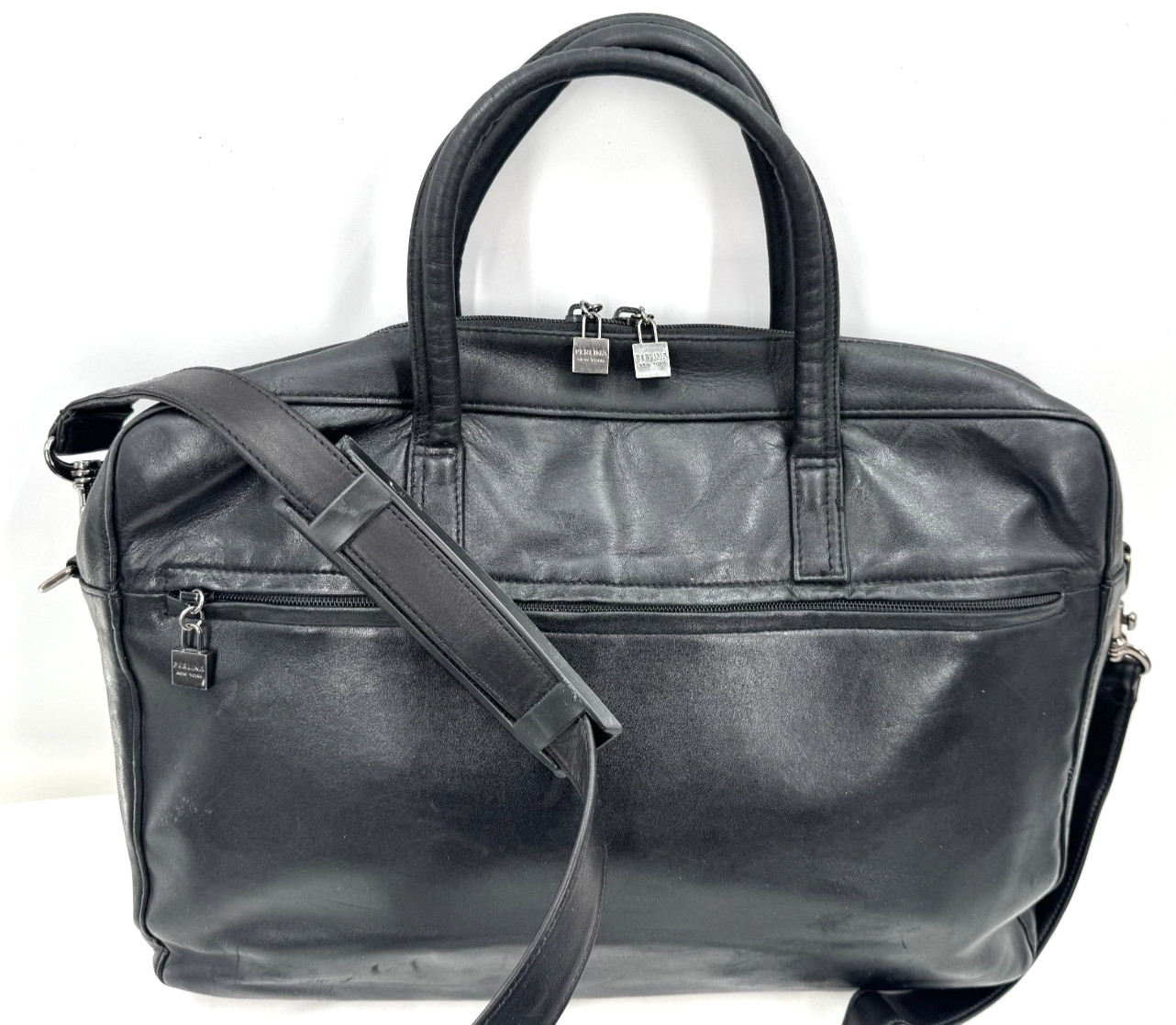 Vintage Perlina New York Black Soft Leather Laptop Briefcase Bag Shoulder Purse