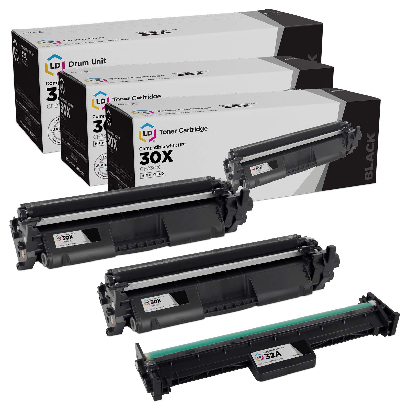 LD Reman HP CF230X HY Black Toner & CF232A Drum Unit (2 Toners, 1 Drum)