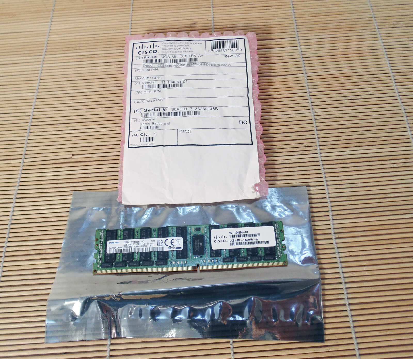 New Cisco UCS-ML-1X324RV-A 32GB DDR4-2400MHz LRDIMM/PC4-19200/Quad Rank New