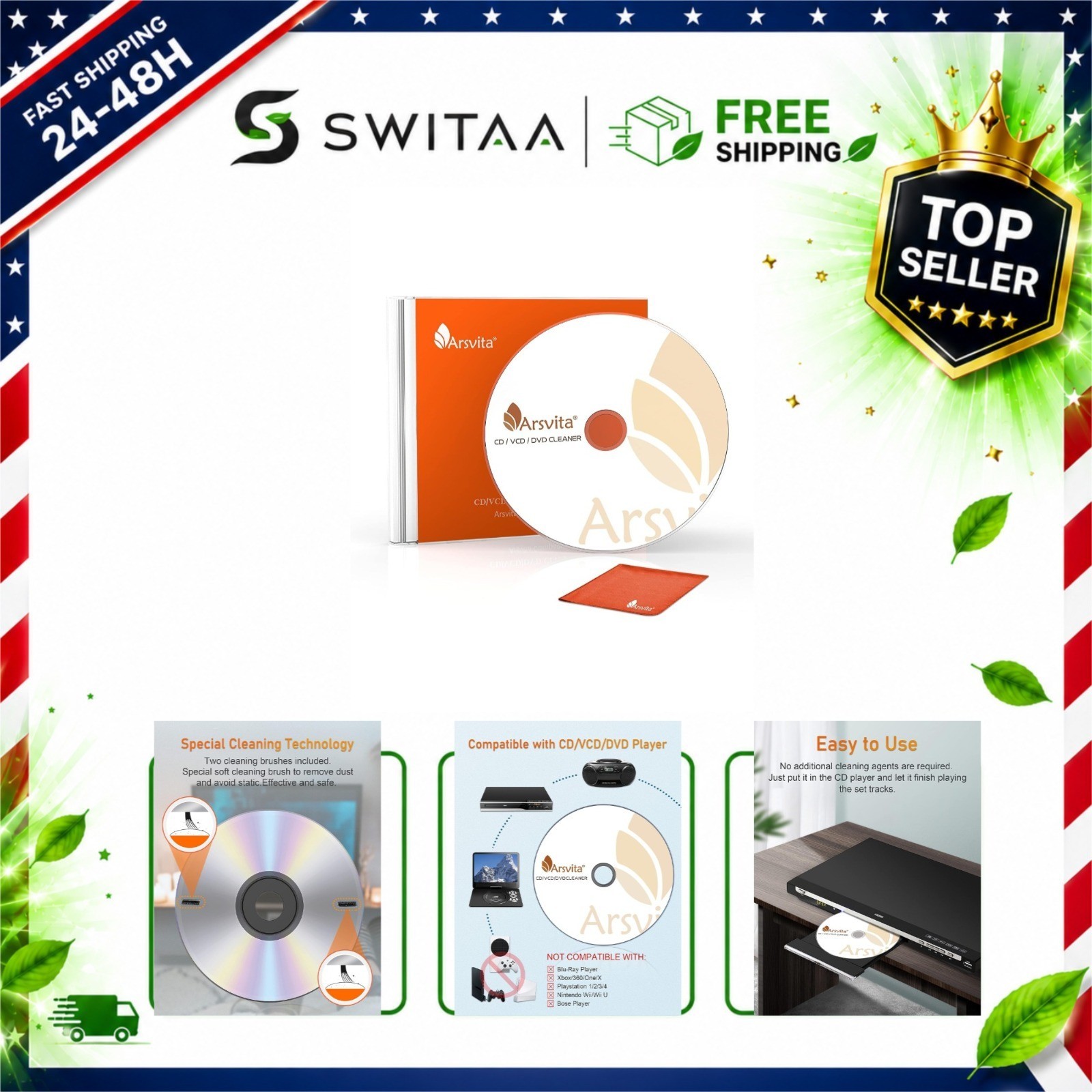 CD Laser Lens Cleaner Disc for CD/VCD/DVD Player with Soft Cloth