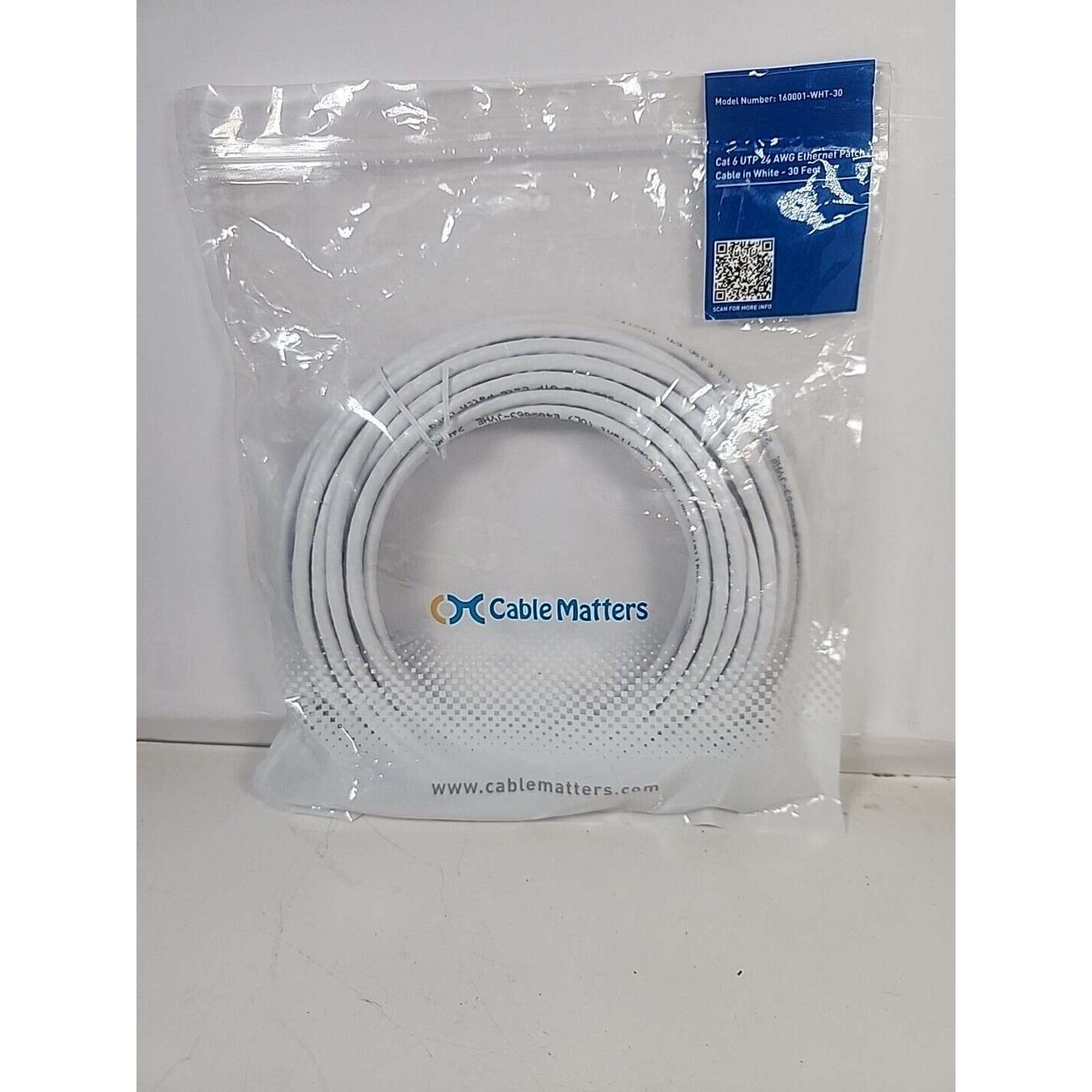 Cable Matters 160001-WHT-30 White Cat 6 UTP 24 AWG Ethernet Patch Cable 30 Feet