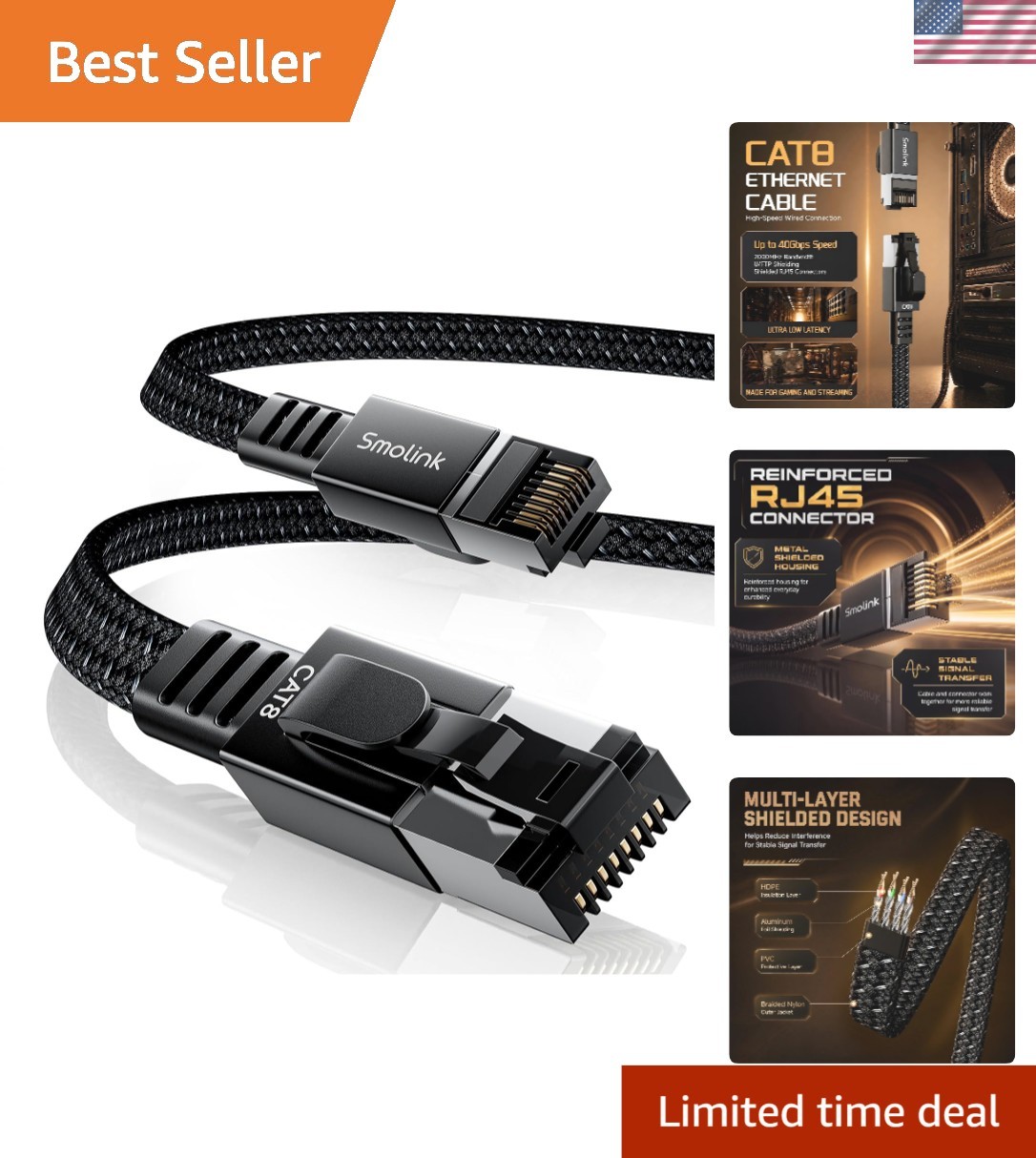Flat Cat 8 Ethernet Cable 50ft - High-Speed 40Gbps Network Cable for All Devices
