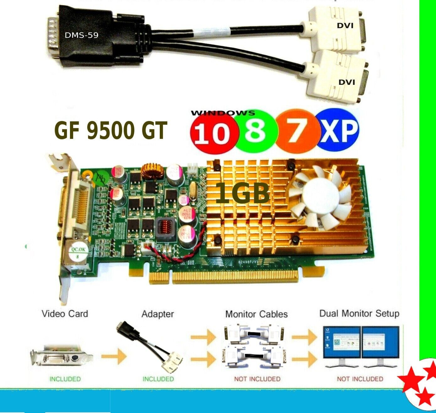 Low Profile 1GB NVIDIA SFF Video Card. PCI-E 16x 2.0  with  Dual DVI Adapter