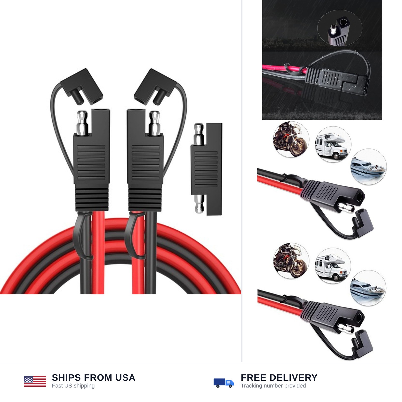SAE Extension Cable 10AWG 1ft Male Quick Disconnect Solar Charger Wire
