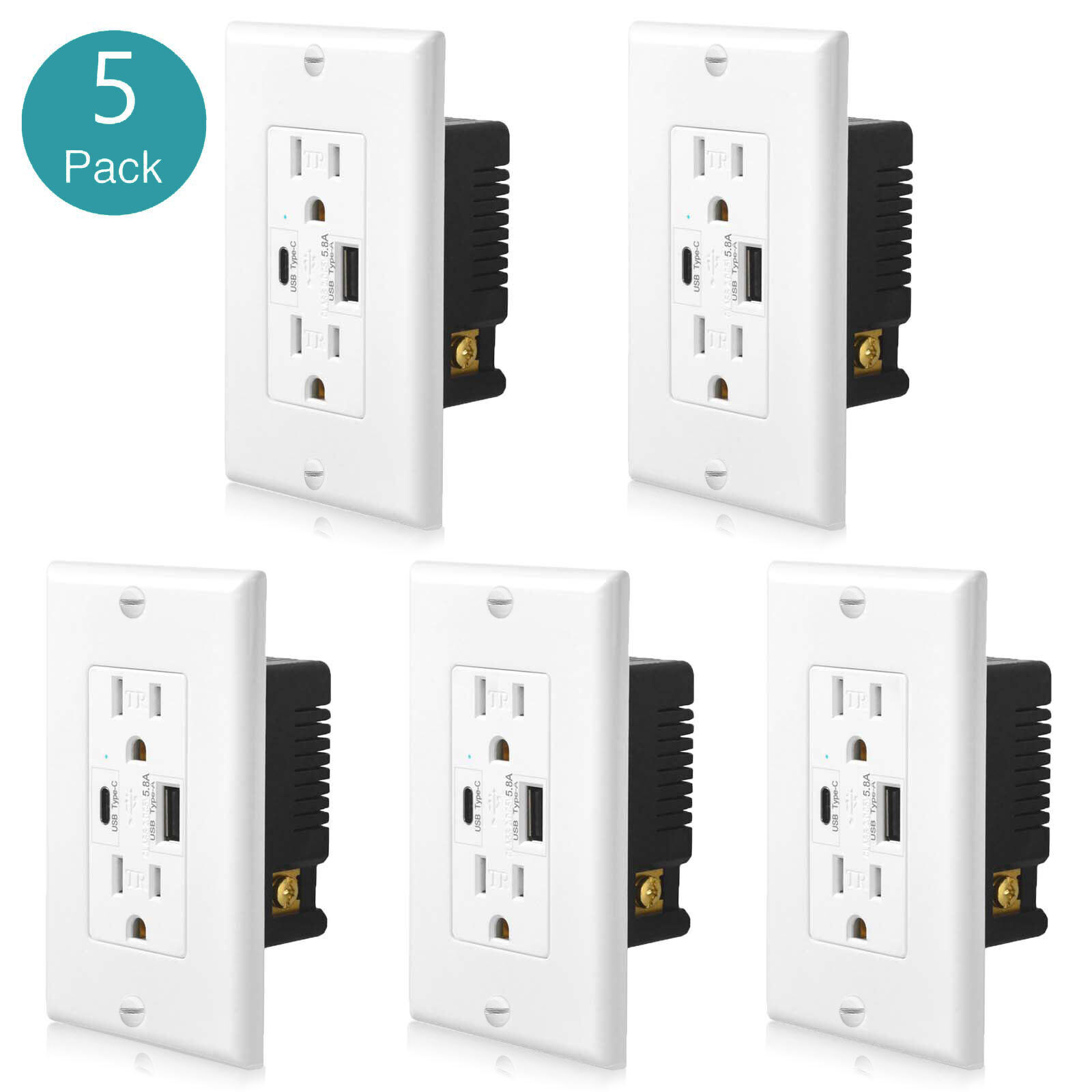 5.8A USB Charger Outlet 15Amp Type-C USB-C Wall Power for Home Office Indoor 5PK