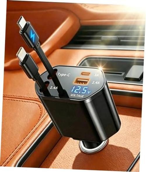 New  4 in 1 Retractable Car Charger, USB C Fast Charger Adapter for Black