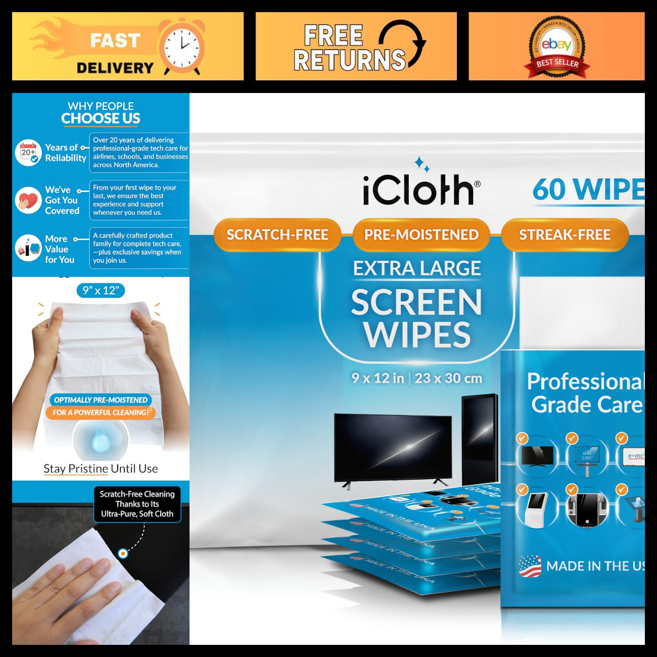 XL Screen Cleaning Wipes - Lint-Free, Streak-Free, Fast-Drying, 60 Count for Dus
