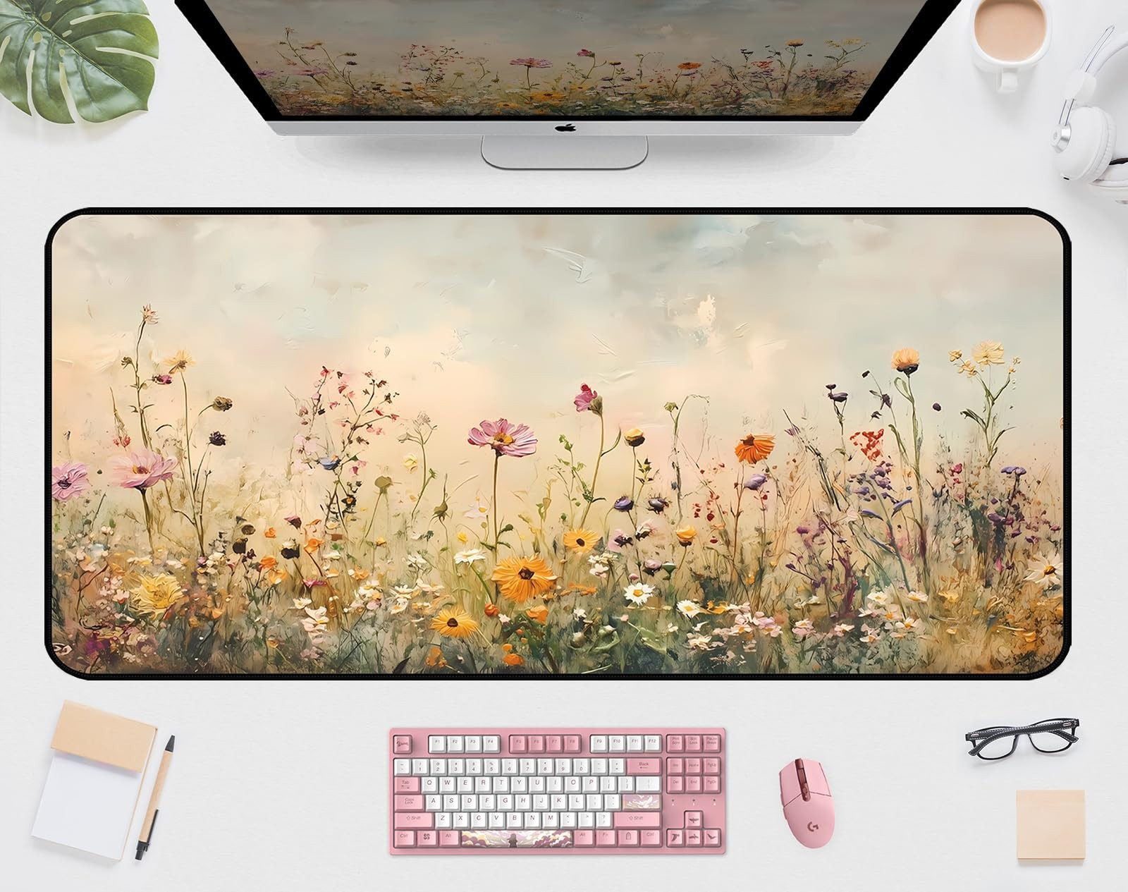 Beige Watercolor Flower Desk Mat, Oil Painting Style Desk Matt, Plant Flower ...