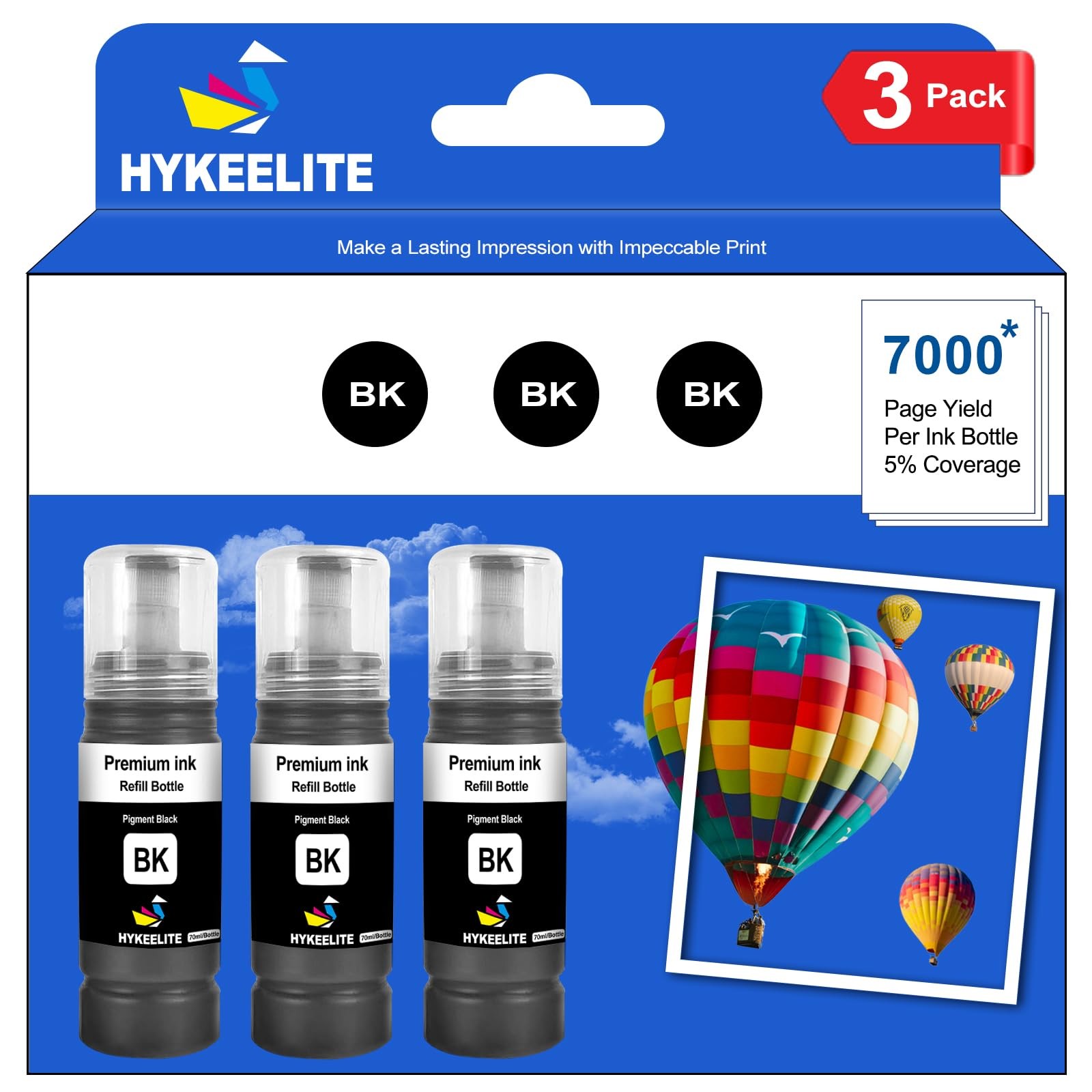 3 PCS Black Ink Refill Bottles BK High Yield Fits ET8500 ET8550