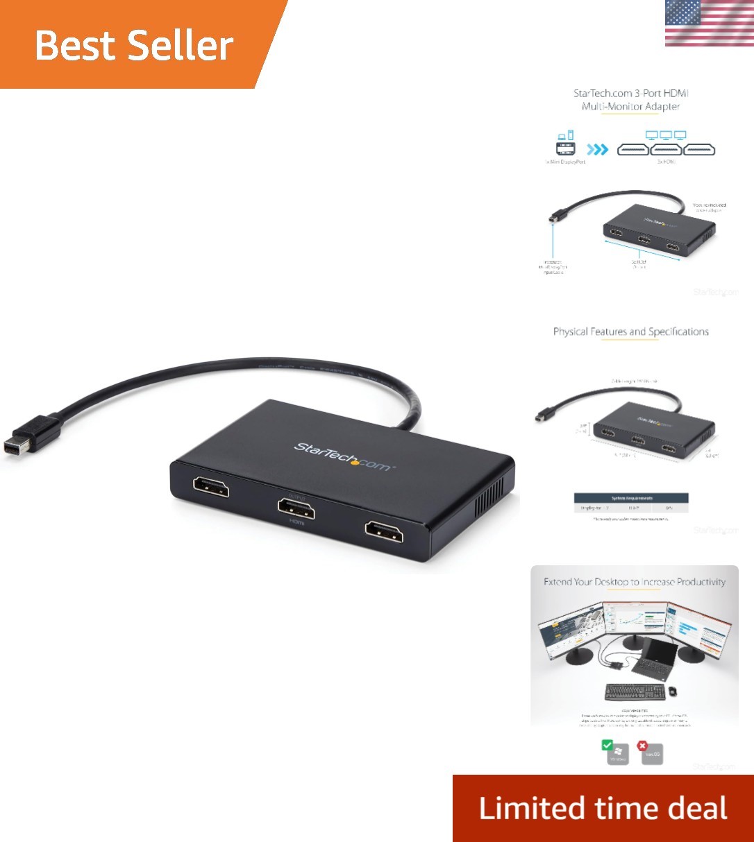 3-Port Multi Monitor Adapter - Mini DisplayPort to HDMI MST Hub - Triple 1080...