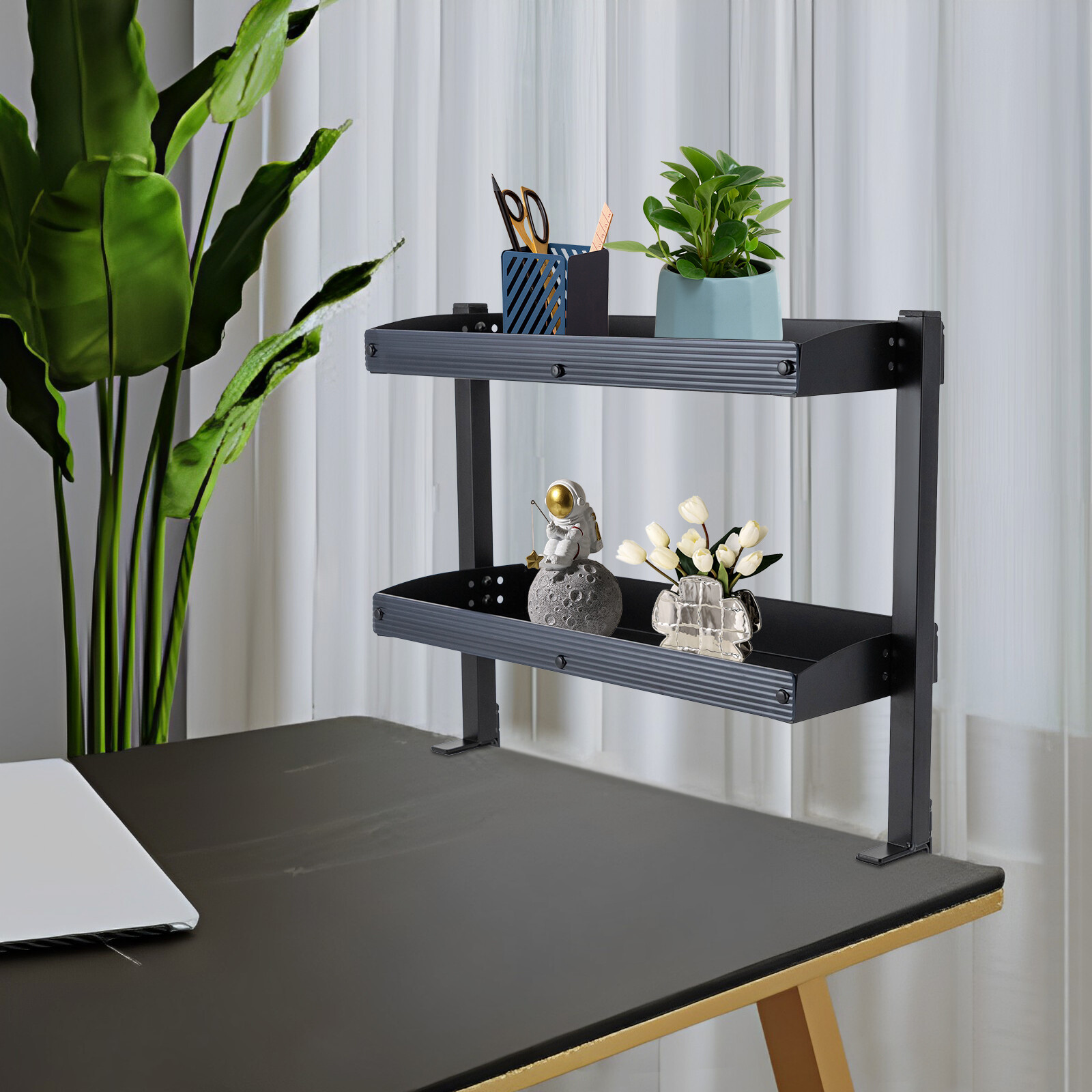 Desktop or Under-Desk Shelf Clamp-on 2-Tier Shelving W/ Adjustable Storage Tray~