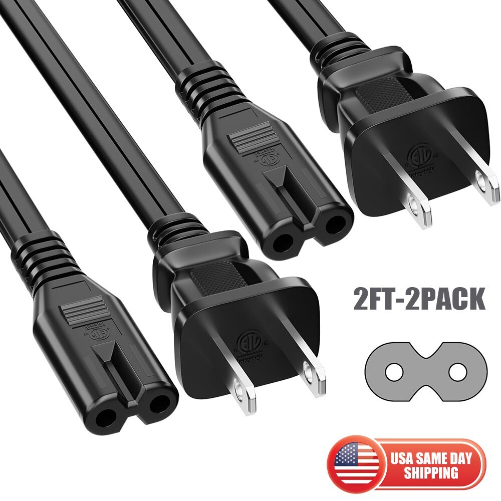 2pcs 2ft 2Prong to IEC C7 Figure 8 Computer TV Speaker Short AC Power Cord Cable