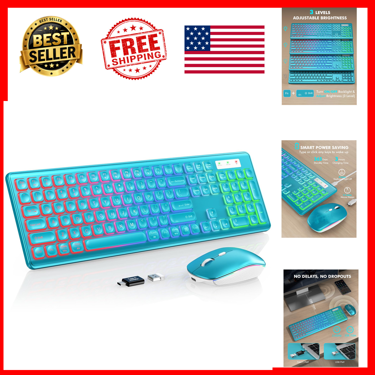 Wireless Keyboard Mouse Combo RGB Backlit Rechargeable Full-Size Metallic Blue