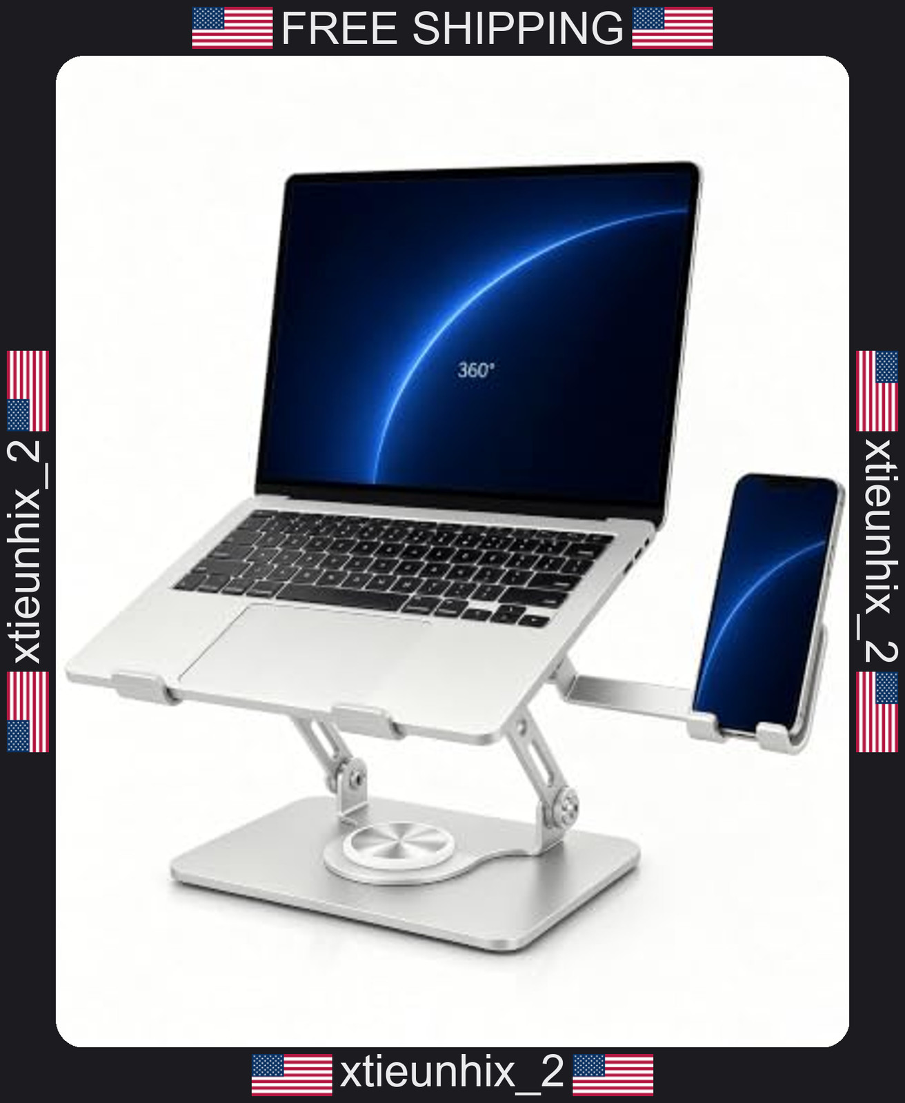 Laptop Stand with Phone Holder, Adjustable, 360° Swivel for Desk