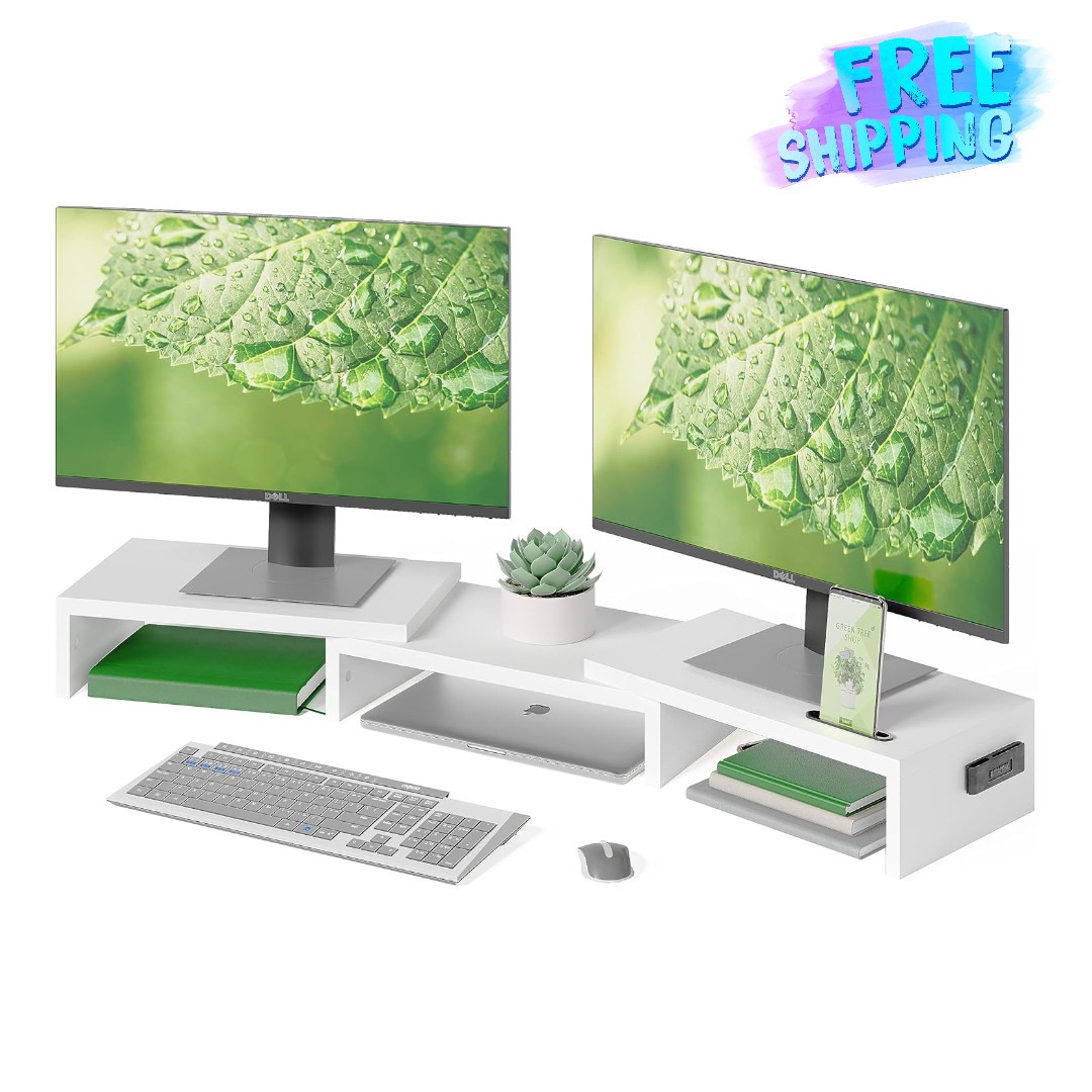 BONTEC Dual Monitor Stand Riser with Storage Wooden Desktop Organizer 