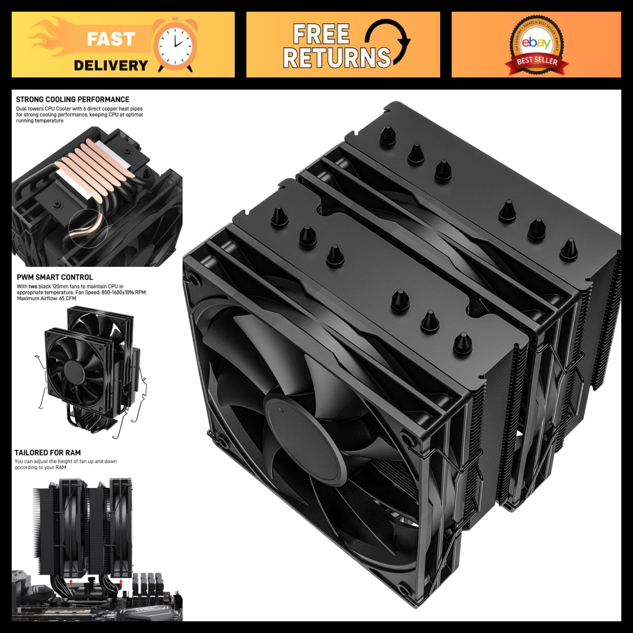 Dual Tower CPU Air Cooler with 6 Copper Heat Pipes for Efficient Cooling