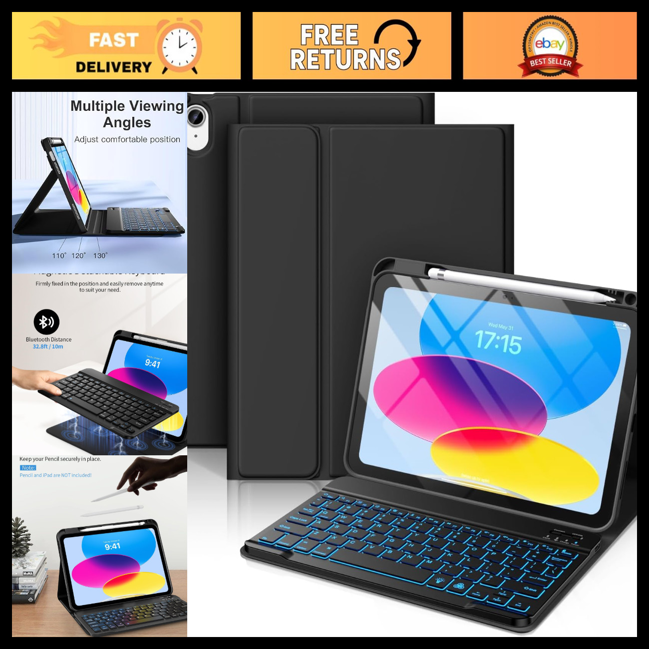 iPad Keyboard Case 11th/10th Gen (A16) 2025/2022 - Slim, Lightweight, Black