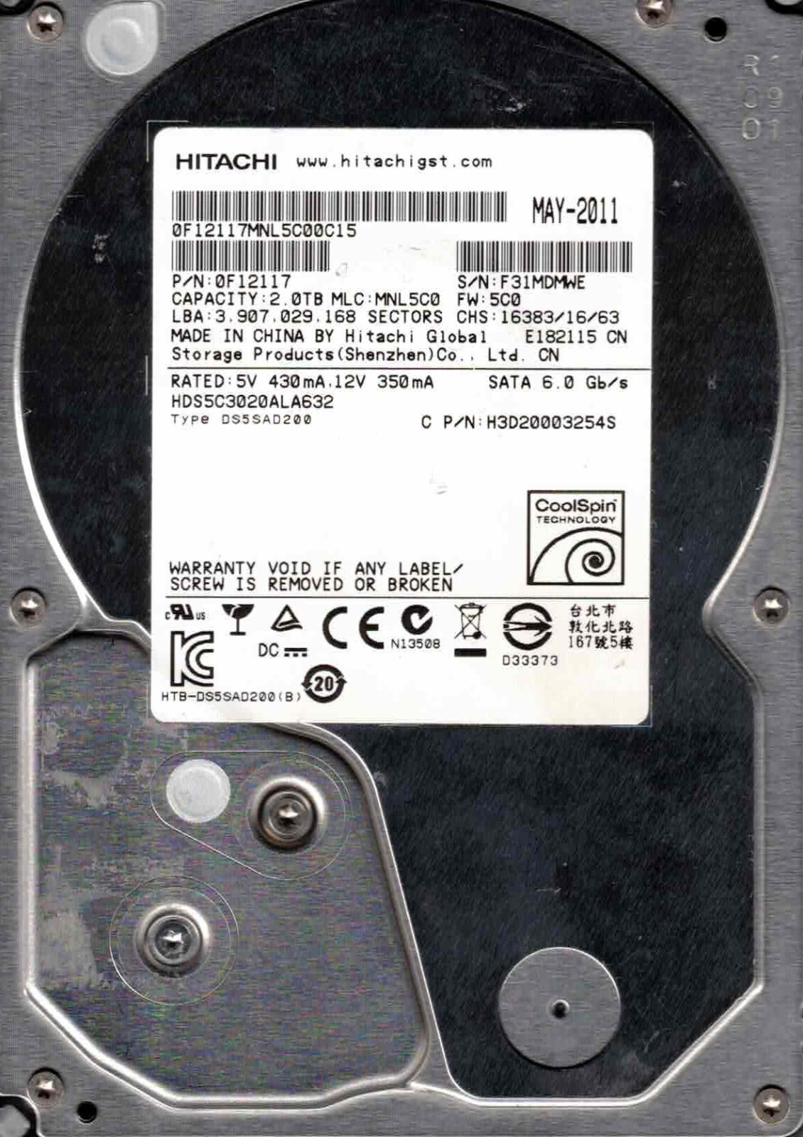 HDS5C3020ALA632,  0F12117, MNL5C0,  HITACHI SATA 2TB MAY 2011