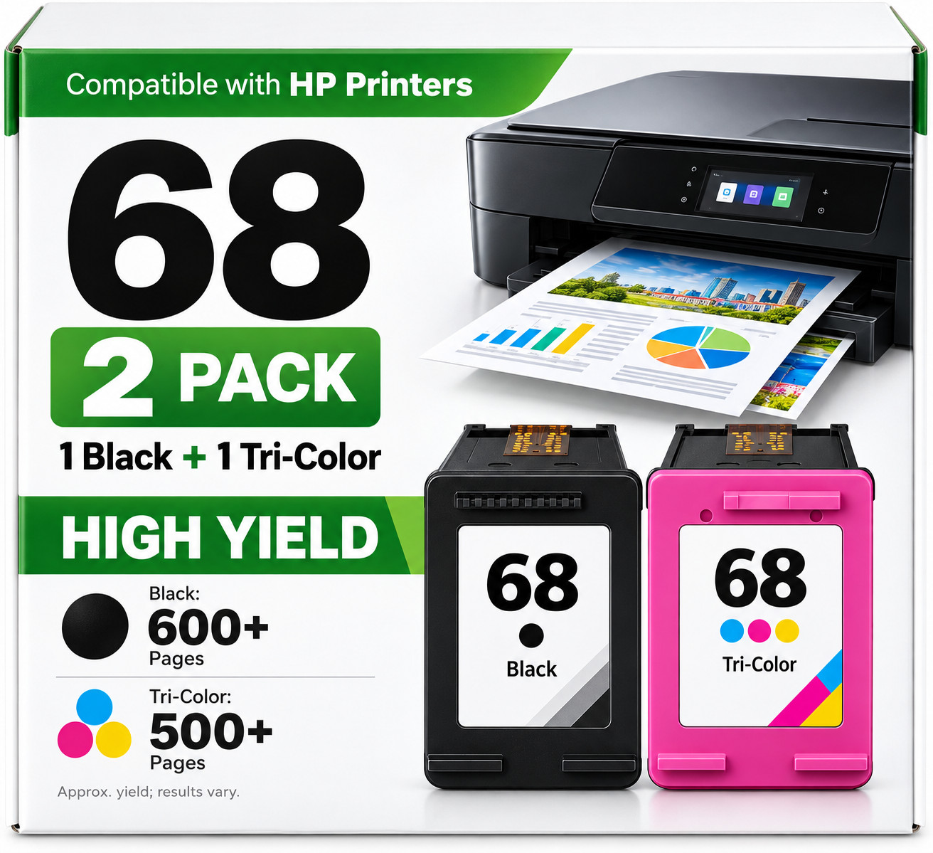 68XL High Yield Ink Cartridges Combo Compatible with HP Envy 6555e 6155e 6130e68