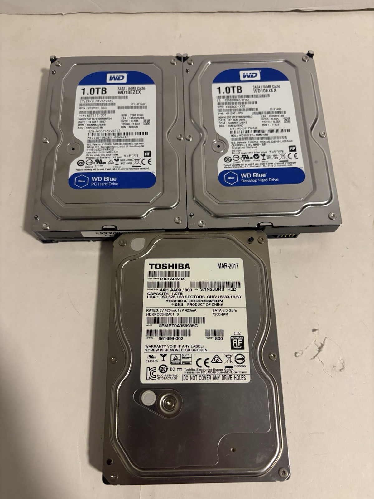 Lot of 3x 1TB 3.5" Internal Hard Drives - WD Blue (2x) & Toshiba (1x)