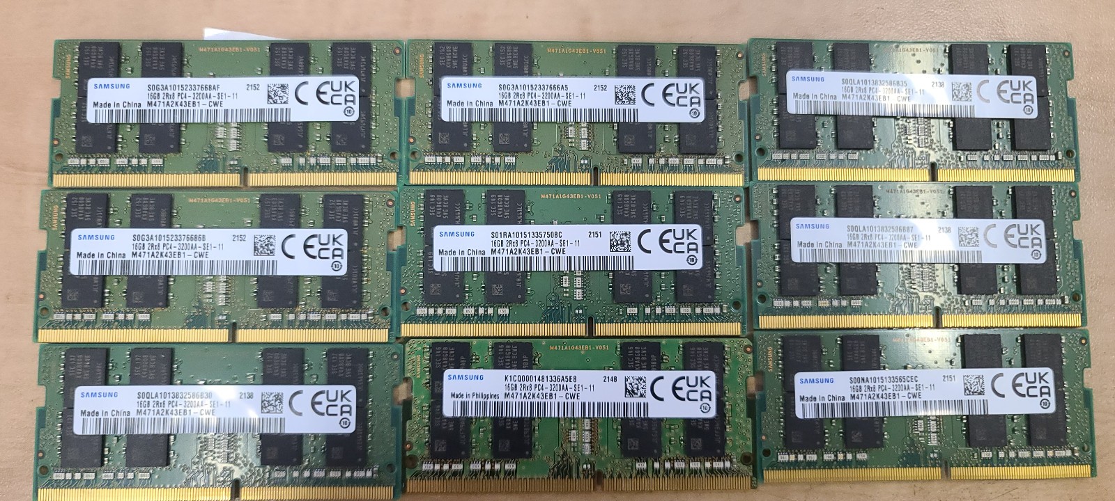 LOT OF 9 SAMSUNG DDR4 3200AA SODIMM 16GB MODULES 144GB TOTAL m471a2k43eb1-cwe