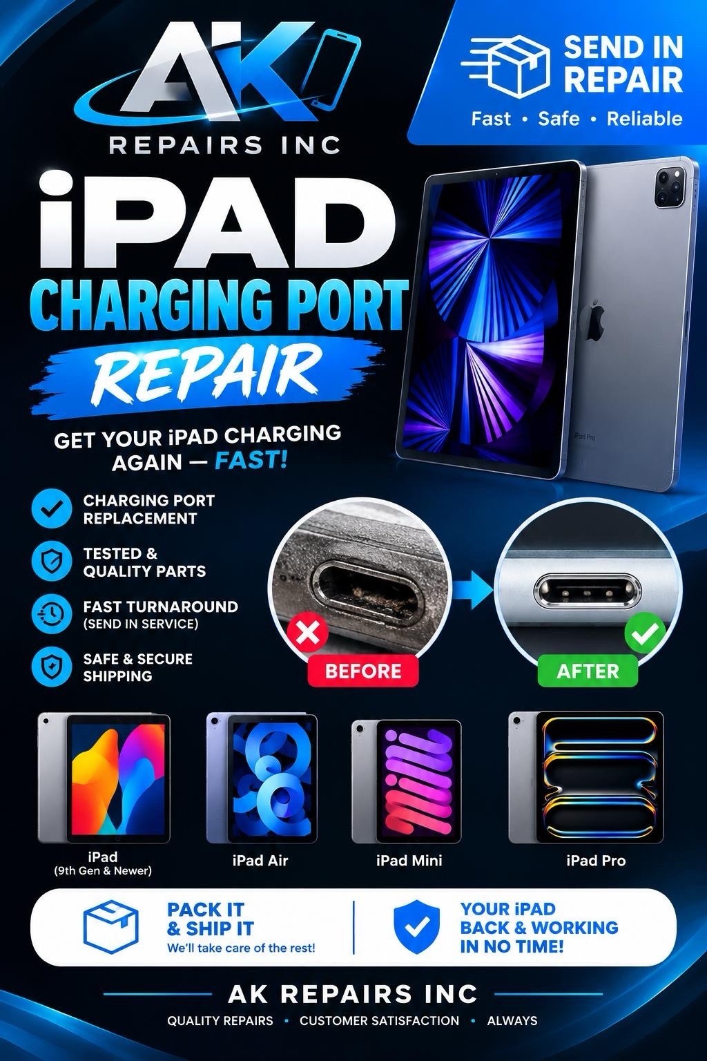 iPad 5 6 7th 8th 9th 10 11 12.9 Pro AIR  ALL iPads Charging Port Repair Service