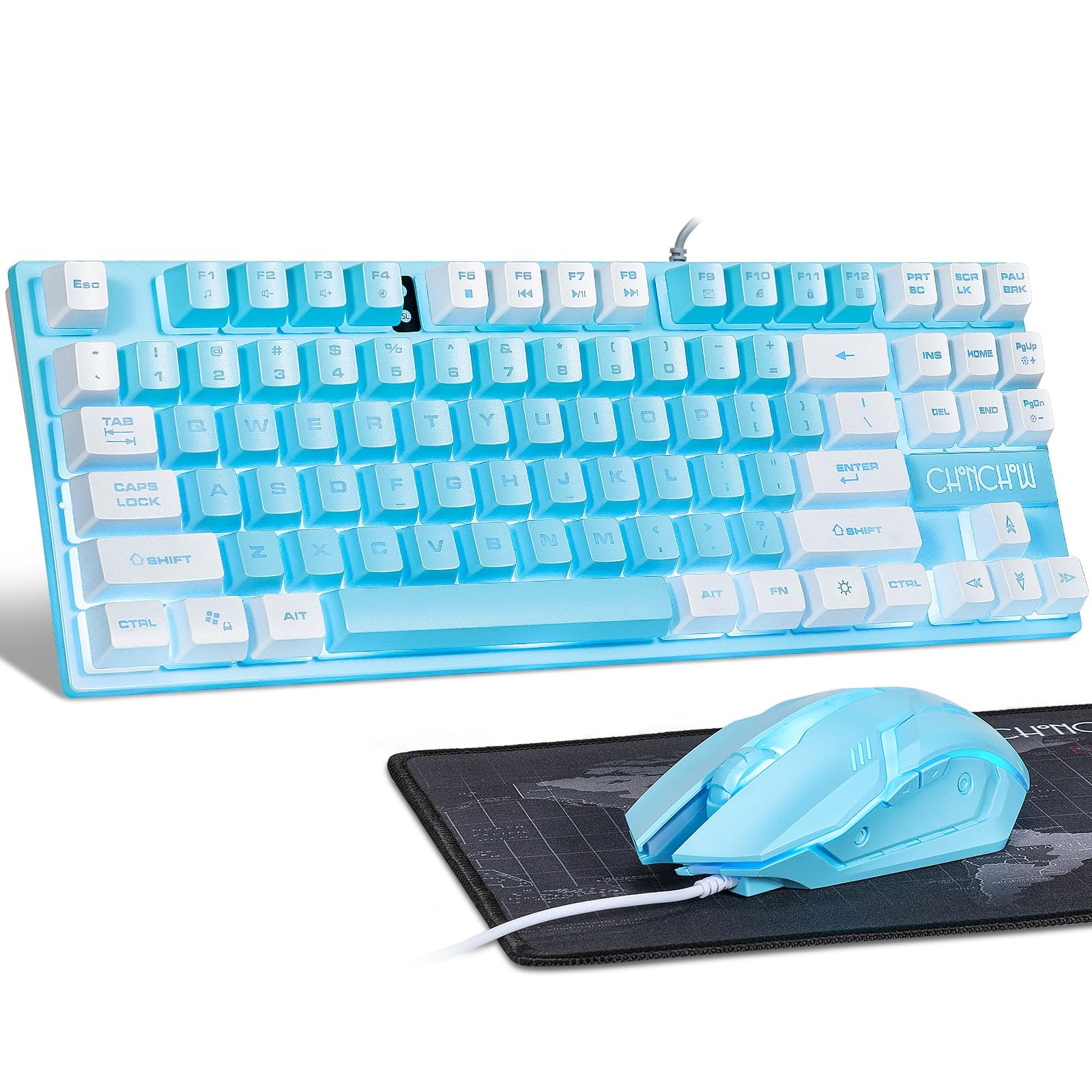 Blue Keyboard and Mouse Combo, 87 Keys TKL USB Wired LED Light Up Backlit Key...