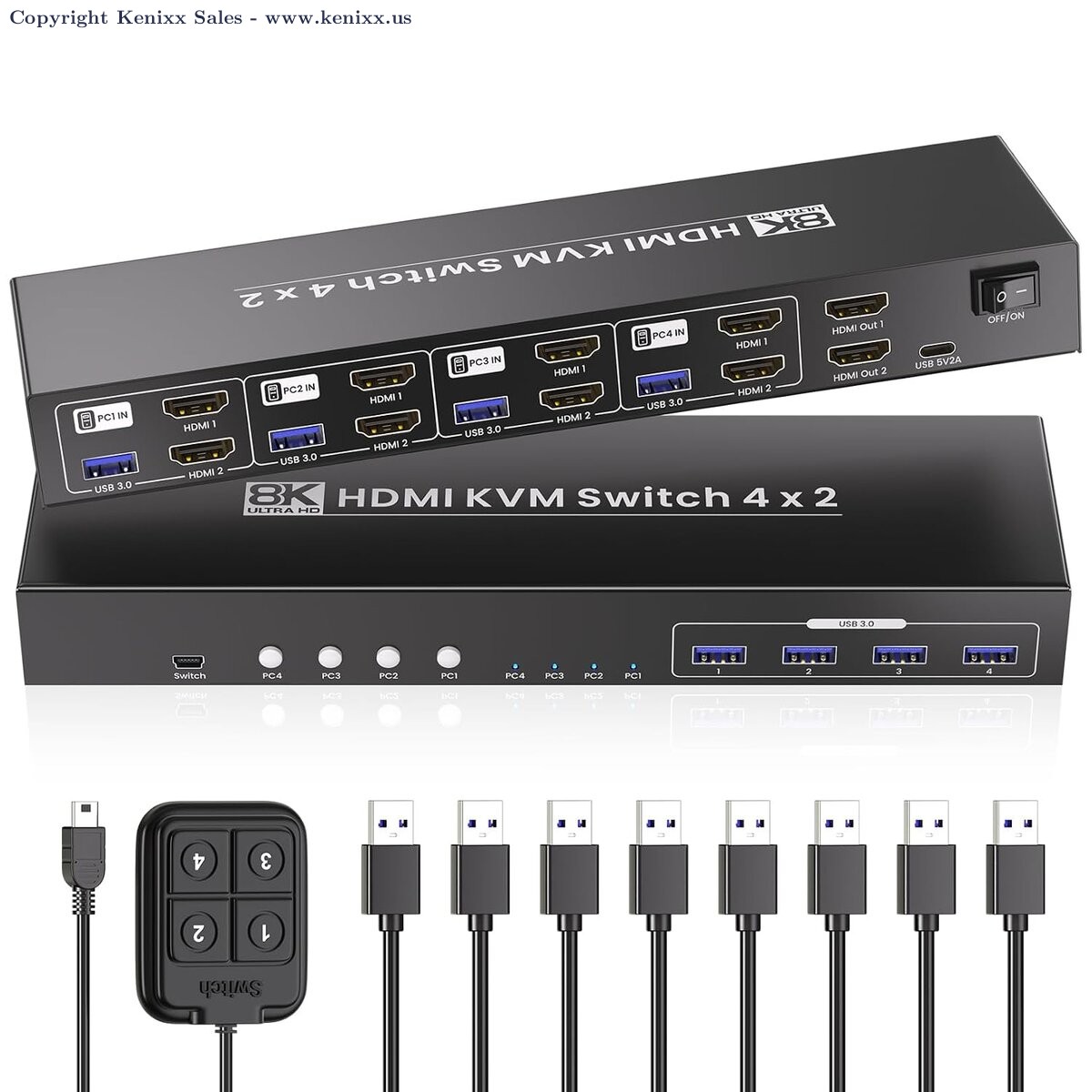 8K@60Hz 4K@120Hz Dual Monitor KVM Switch for 4 PCs with 4-Port USB Hub