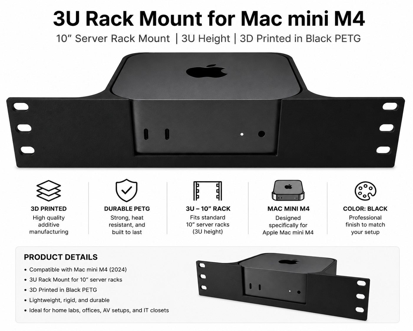 Apple Mac Mini M4  10" Server Rack Mount 3U 3d Printed Petg Black 