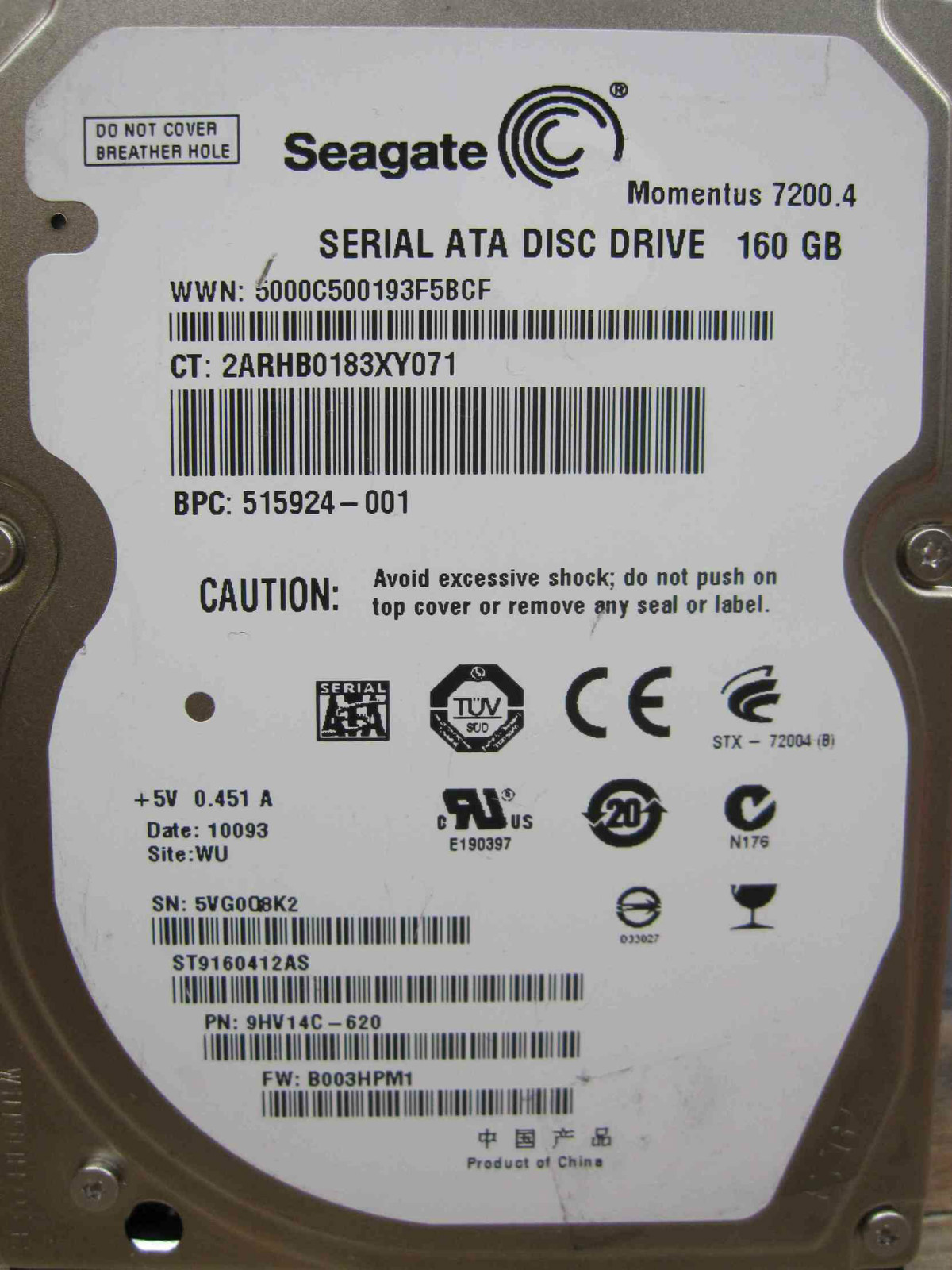 160GB Seagate ST9160412AS | P/N 9HV14C-620 | B003HPM1 | WU